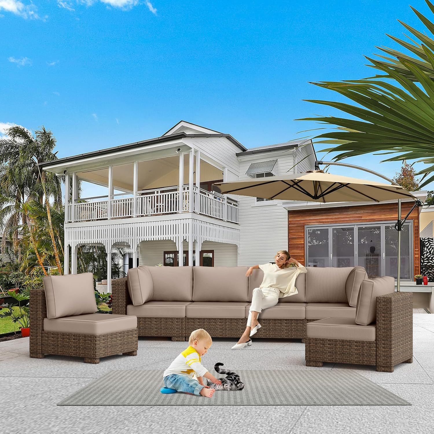 Outdoor Replacement Cushions 14-Piece Waterproof - Patio Furniture Couch Cushions for 6-Seat Sectional Sofa, Durable Outdoor Seat Cushions for Deck, Garden, Backyard (Khaki)