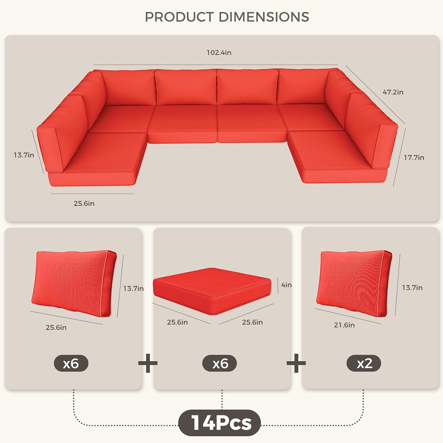 Outdoor Replacement Cushions, Waterproof Outdoor Seat Cushions for Patio Furniture, 14-Piece Couch Cushions Patio Sofa Cushions for Patio 6 Seat Sectional Cushion (Red)