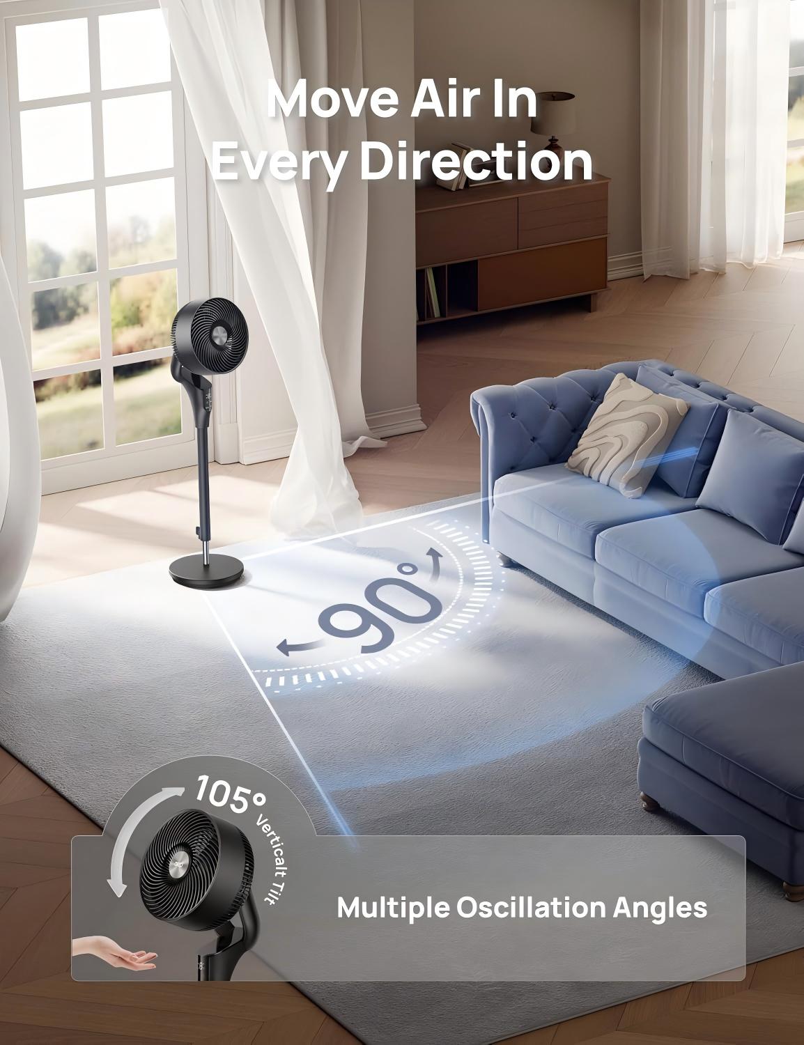 Fan for Bedroom 90ft Airflow, 20dB Quiet Fan, 90° Oscillating Standing Fan for Whole Room