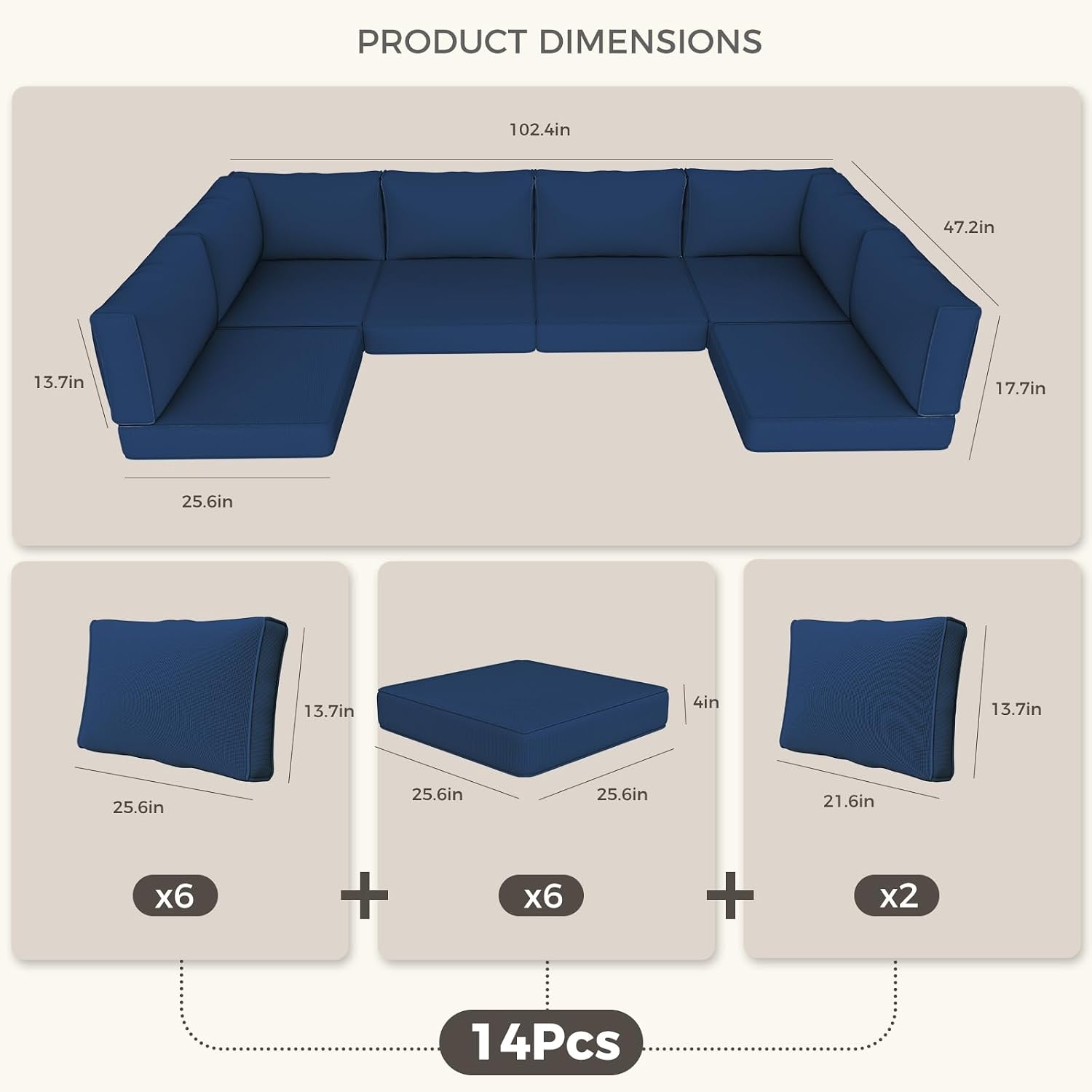 Outdoor Replacement Cushions, Waterproof Outdoor Seat Cushions for Patio Furniture, 14-Piece Couch Cushions Patio Sofa Cushions for Patio 6 Seat Sectional Cushion (Tibetan Blue)