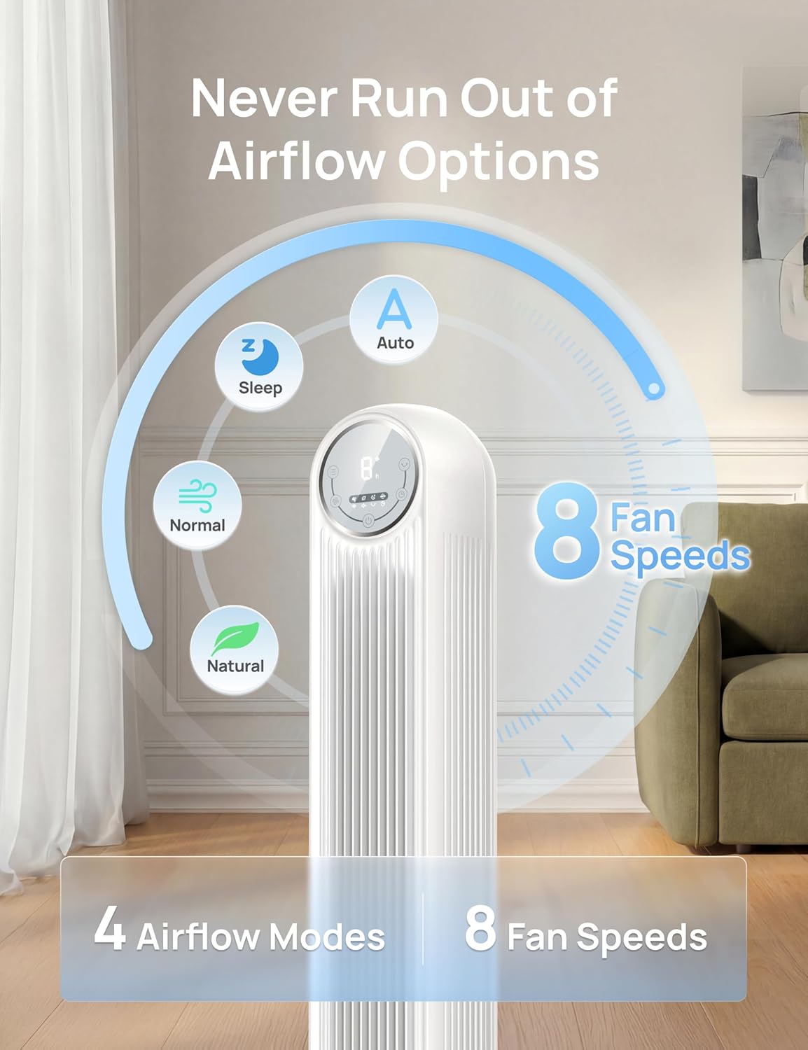 Tower Fan for Bedroom 28ft/s High Velocity, 20dB Ultra Quiet Standing Fan