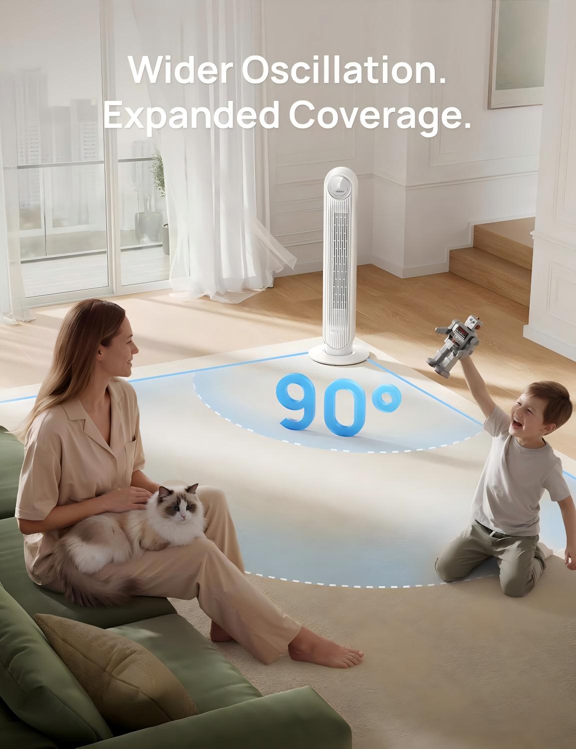 Tower Fan for Bedroom 28ft/s High Velocity, 20dB Ultra Quiet Standing Fan