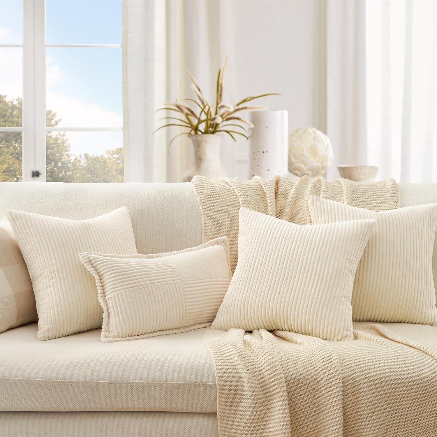 Decorative Beige Cream Throw Pillow Covers Cushion Cases, Set of 4 Soft Velvet Modern Double-Sided Designs