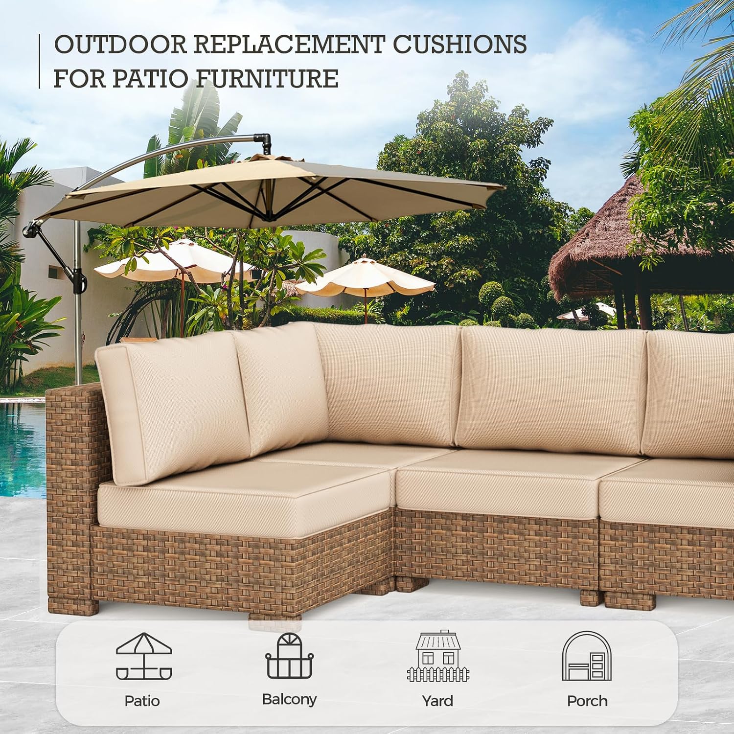 Outdoor Replacement Cushions 14-Piece Waterproof - Patio Furniture Couch Cushions for 6-Seat Sectional Sofa, Durable Outdoor Seat Cushions for Deck, Garden, Backyard (Beige)