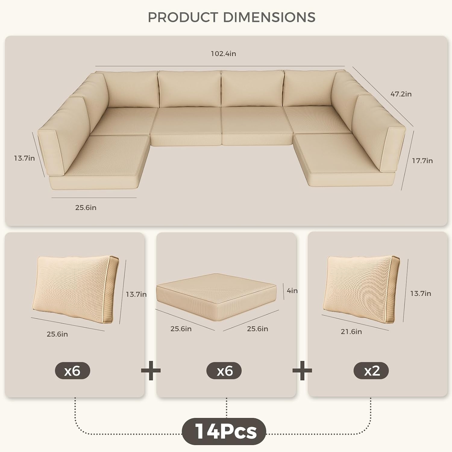 Outdoor Replacement Cushions 14-Piece Waterproof - Patio Furniture Couch Cushions for 6-Seat Sectional Sofa, Durable Outdoor Seat Cushions for Deck, Garden, Backyard (Beige)