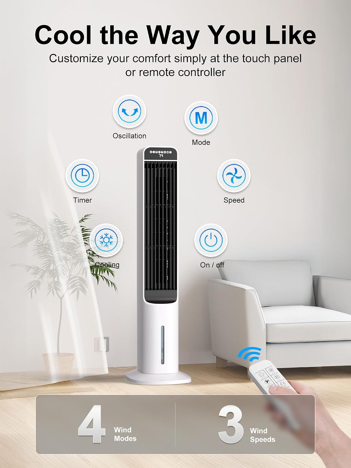 3-IN-1 Evaporative Air Cooler, Cooling Fans that Blow Cold Air with 120° Oscillation, 12H Timer, 3 Speeds, Portable Swamp Cooler for Indoor Use, Windowless Portable Air Conditioners 
