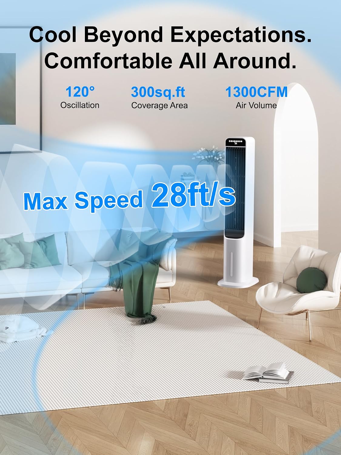 3-IN-1 Evaporative Air Cooler, Cooling Fans that Blow Cold Air with 120° Oscillation, 12H Timer, 3 Speeds, Portable Swamp Cooler for Indoor Use, Windowless Portable Air Conditioners 
