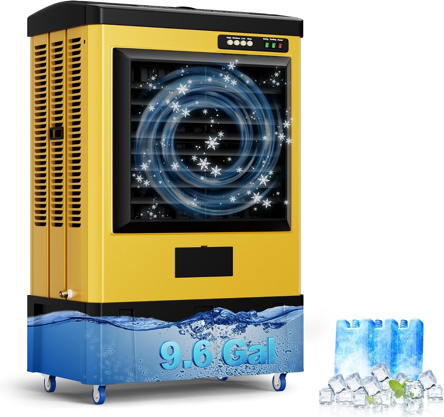 Portable Swamp Cooler, Evaporative Air Cooler with 9.6 Gal Water Tank, Continuous Auto Fill, 3 Ice Packs, 120°Oscillation, Industrial Outdoor Swamp Cooler for Patios 