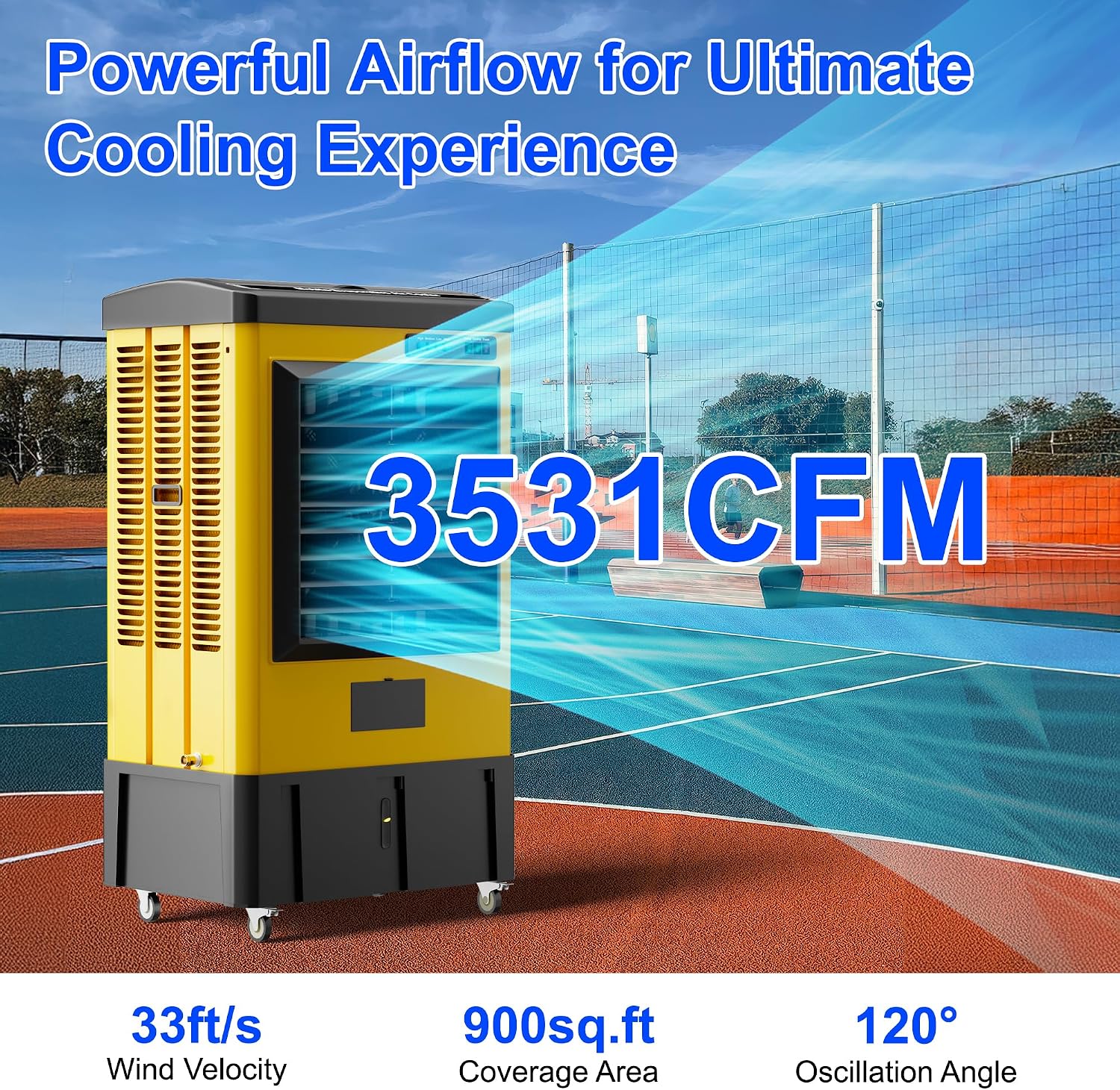 Portable Swamp Cooler, Evaporative Air Cooler with 9.6 Gal Water Tank, Continuous Auto Fill, 3 Ice Packs, 120°Oscillation, Industrial Outdoor Swamp Cooler for Patios 