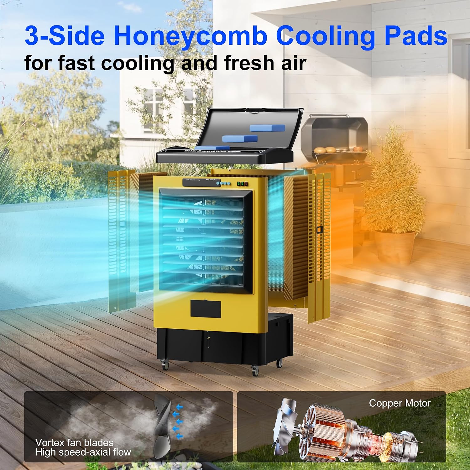 Portable Swamp Cooler, Evaporative Air Cooler with 9.6 Gal Water Tank, Continuous Auto Fill, 3 Ice Packs, 120°Oscillation, Industrial Outdoor Swamp Cooler for Patios 