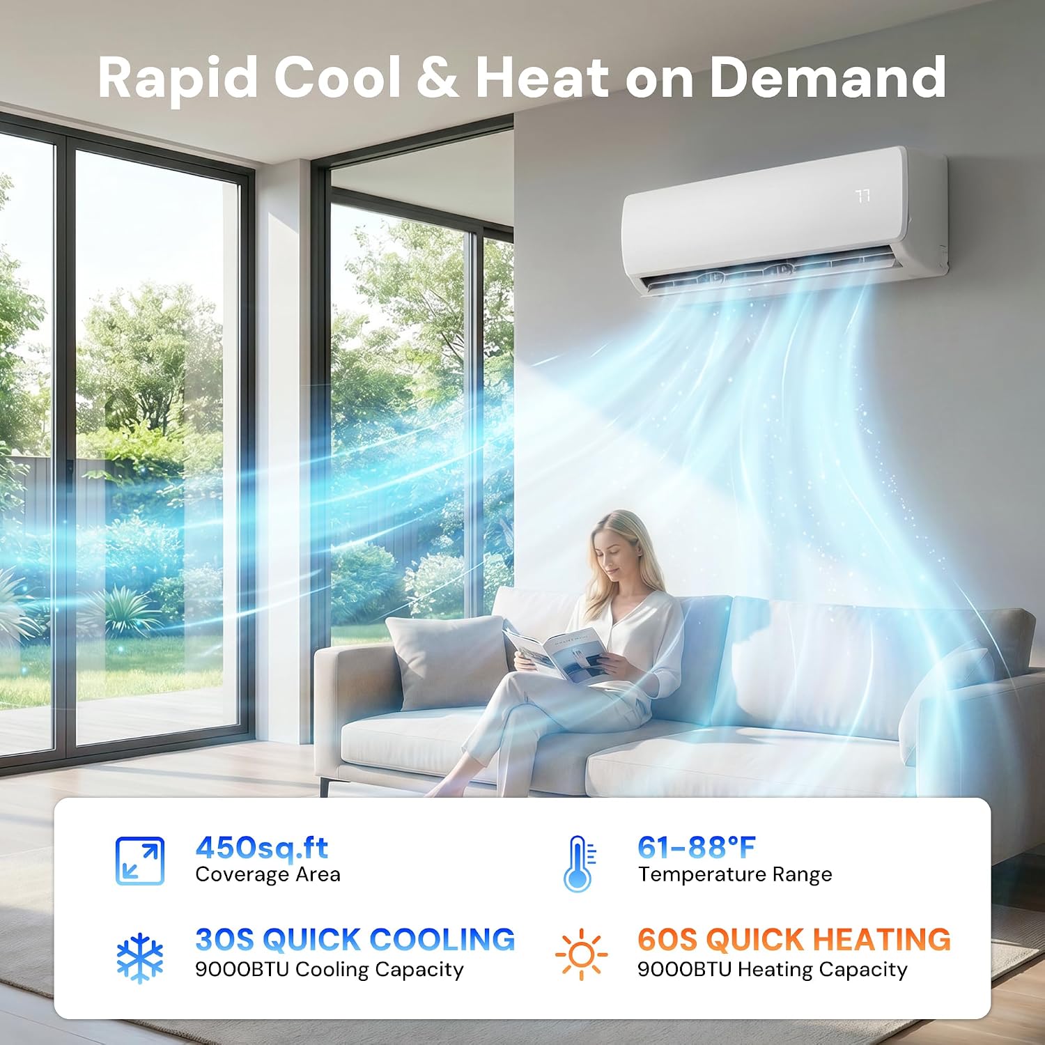9000BTU Mini Split AC/Heating System, 19 SEER2 Energy Efficient Mini Split Air Conditioner with Heat Pump, 110V Cools Up to 450sq.ft
