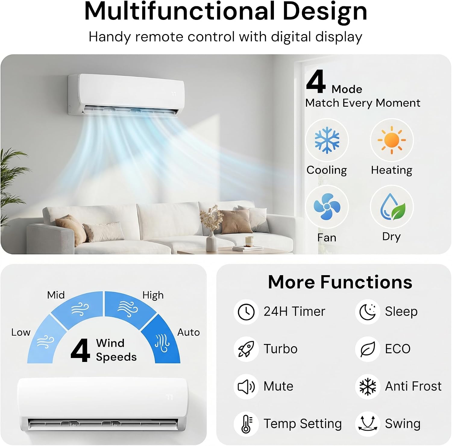 9000BTU Mini Split AC/Heating System, 19 SEER2 Energy Efficient Mini Split Air Conditioner with Heat Pump, 110V Cools Up to 450sq.ft
