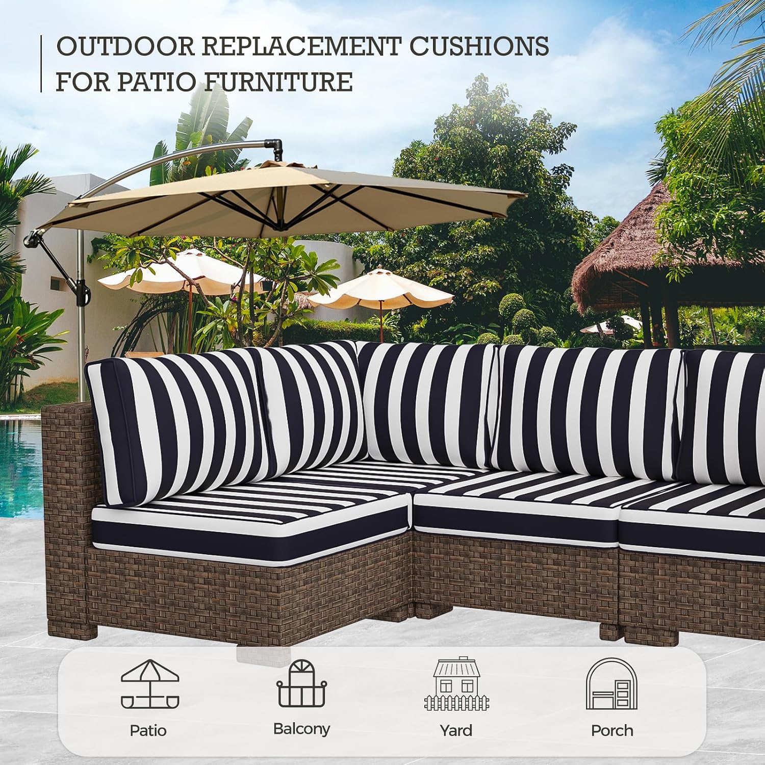 Outdoor Replacement Cushions, Waterproof Outdoor Seat Cushions for Patio Furniture, 14-Piece Couch Cushions Patio Sofa Cushions for Patio 6 Seat Sectional Cushion (Black and White Stripes)