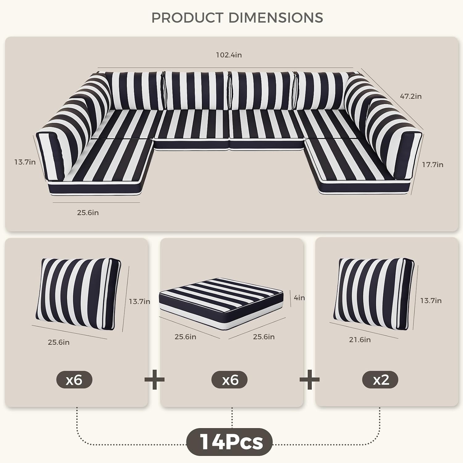 Outdoor Replacement Cushions, Waterproof Outdoor Seat Cushions for Patio Furniture, 14-Piece Couch Cushions Patio Sofa Cushions for Patio 6 Seat Sectional Cushion (Black and White Stripes)