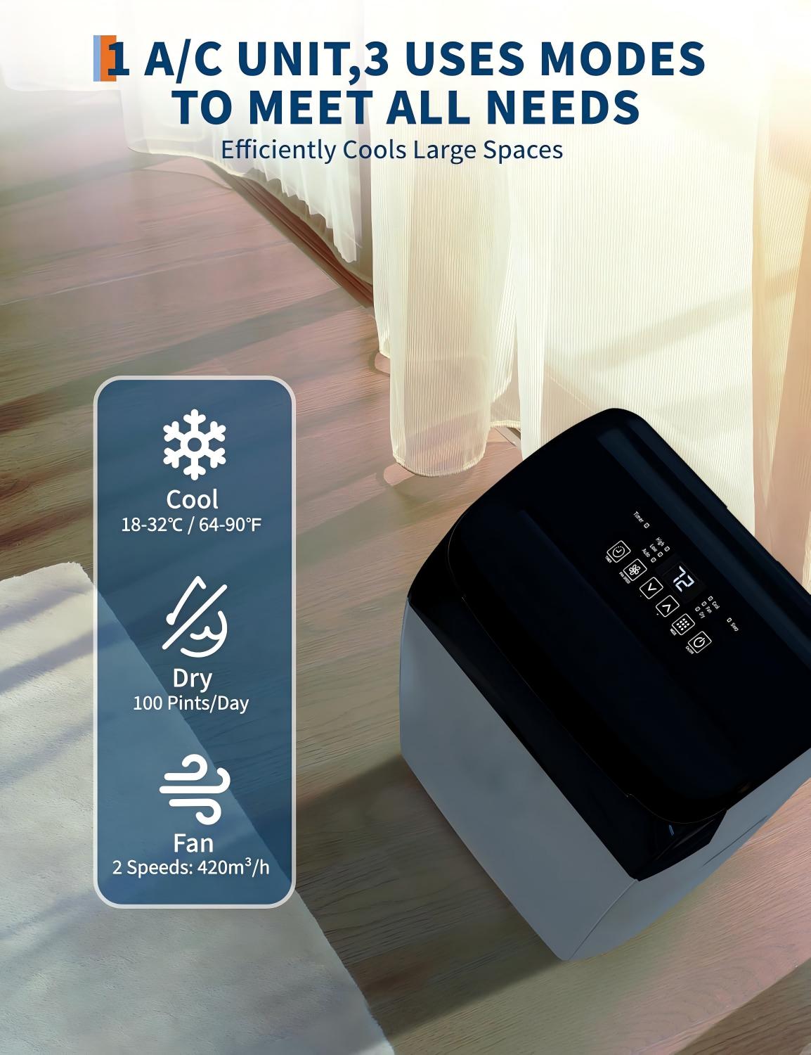 14000 BTU Portable Air Conditioner, 3-in-1 Indoor AC Unit with Cooling