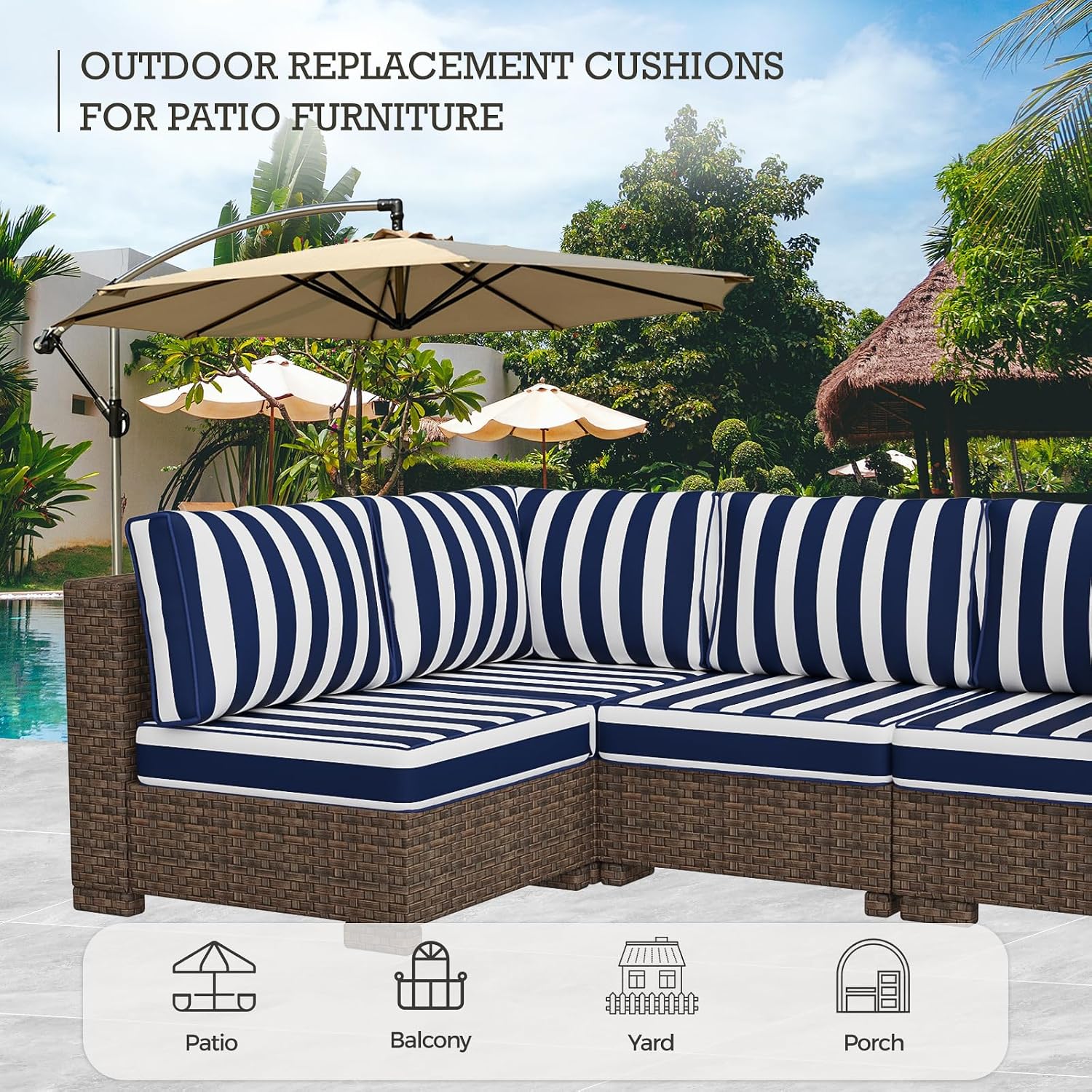 Outdoor Replacement Cushions, Waterproof Outdoor Seat Cushions for Patio Furniture, 14-Piece Couch Cushions Patio Sofa Cushions for Patio 6 Seat Sectional Cushion (Blue and White Stripes)