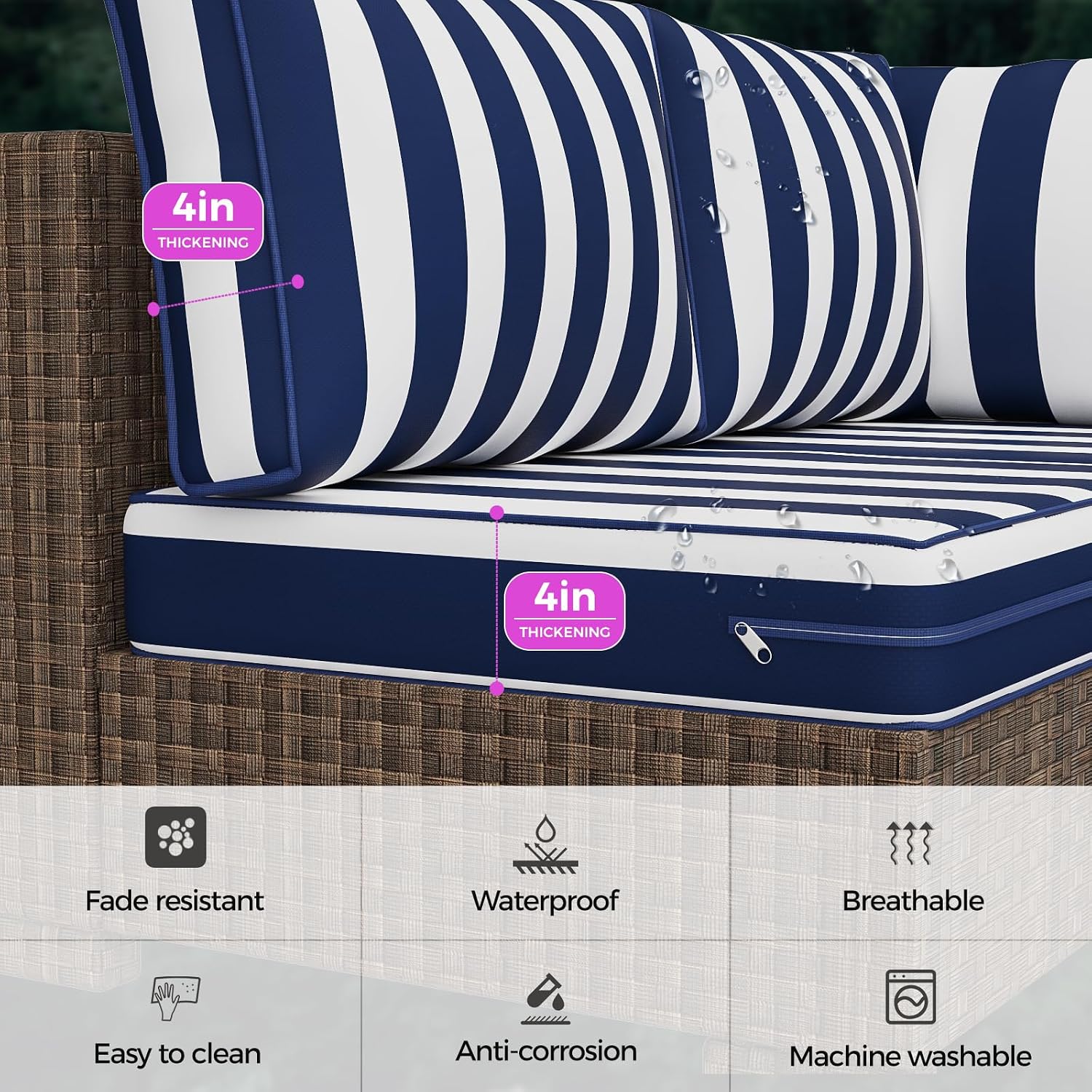 Outdoor Replacement Cushions, Waterproof Outdoor Seat Cushions for Patio Furniture, 14-Piece Couch Cushions Patio Sofa Cushions for Patio 6 Seat Sectional Cushion (Blue and White Stripes)