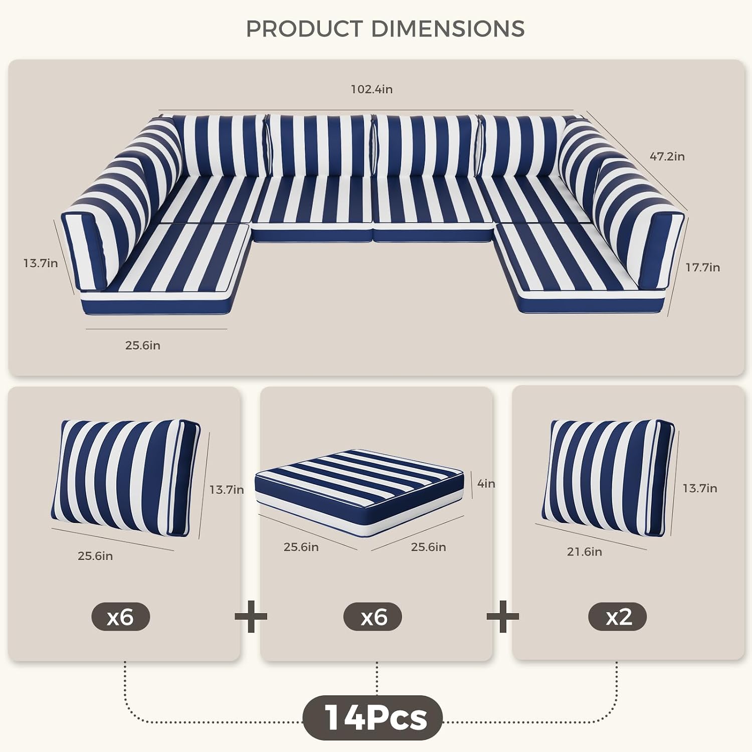Outdoor Replacement Cushions, Waterproof Outdoor Seat Cushions for Patio Furniture, 14-Piece Couch Cushions Patio Sofa Cushions for Patio 6 Seat Sectional Cushion (Blue and White Stripes)