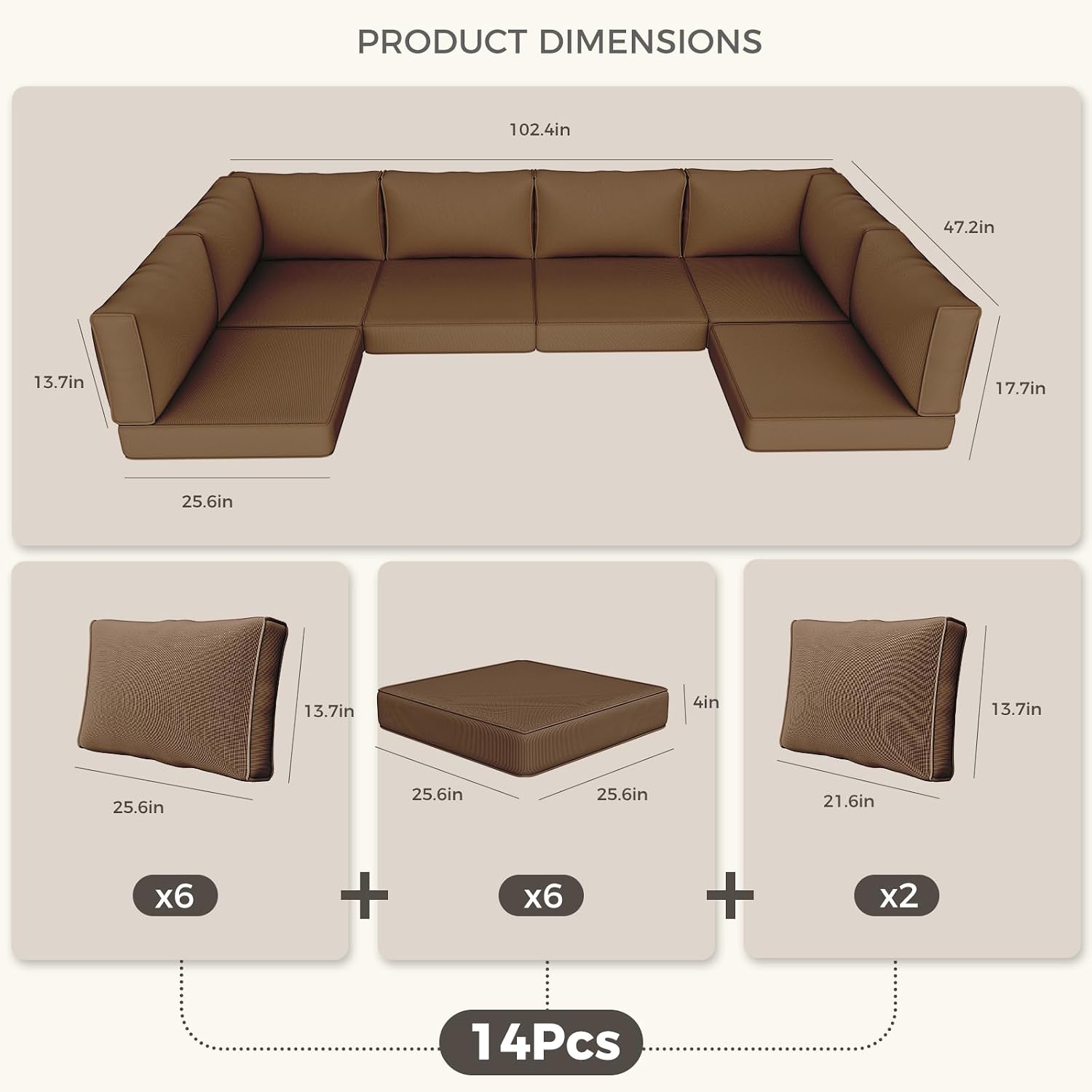Outdoor Replacement Cushions, Waterproof Outdoor Seat Cushions for Patio Furniture, 14-Piece Couch Cushions Patio Sofa Cushions for Patio 6 Seat Sectional Cushion (Coffee)