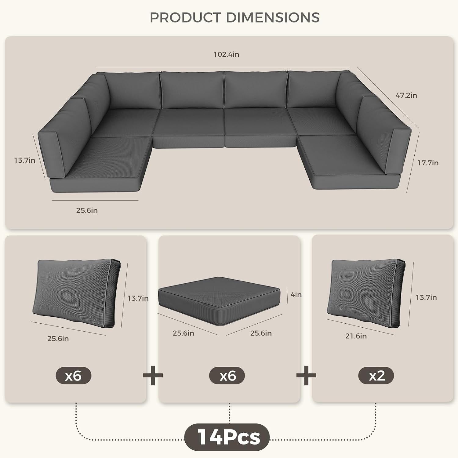 Outdoor Replacement Cushions, Waterproof Outdoor Seat Cushions for Patio Furniture, 14-Piece Couch Cushions Patio Sofa Cushions for Patio 6 Seat Sectional Cushion (Dark Gray)