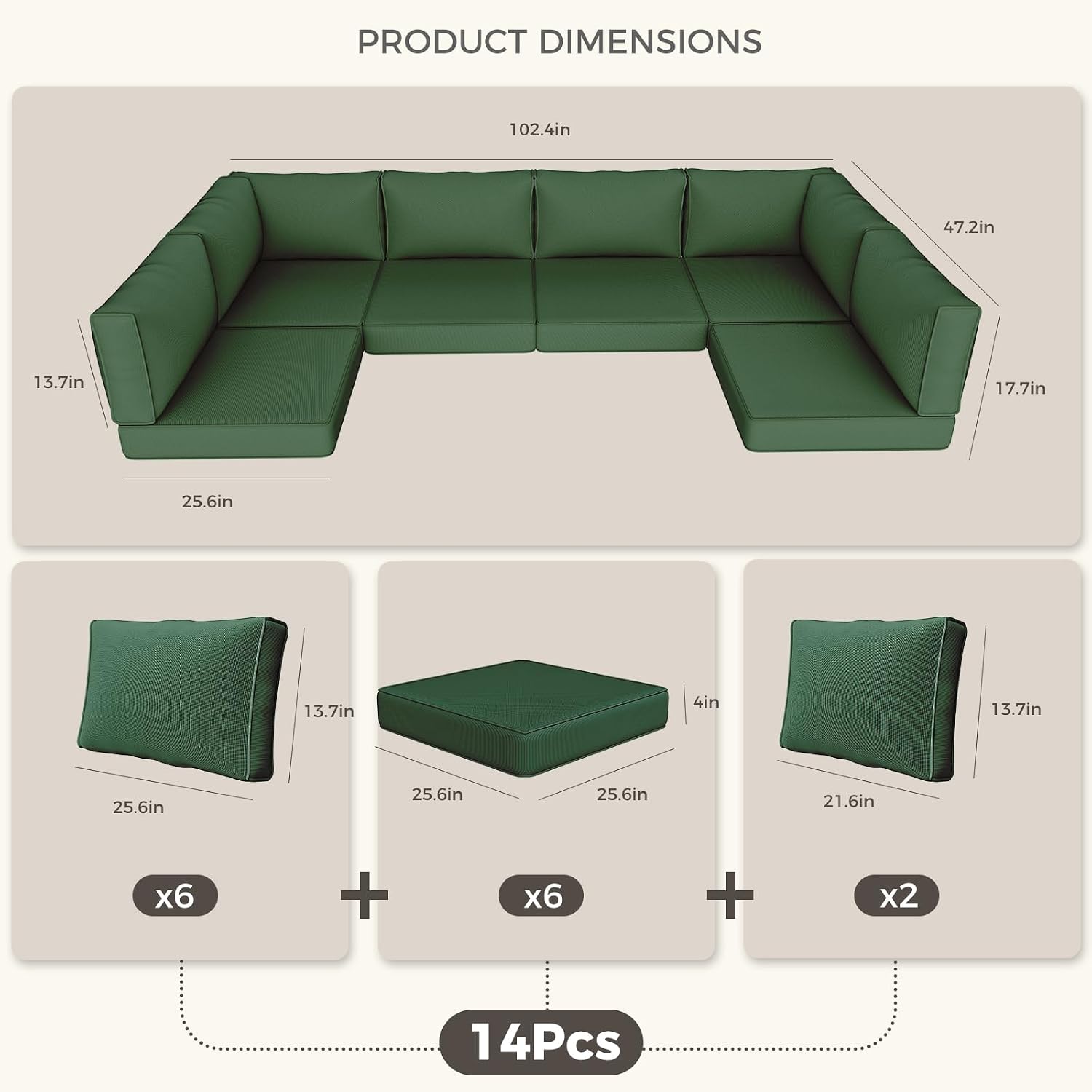 Outdoor Replacement Cushions, Waterproof Outdoor Seat Cushions for Patio Furniture, 14-Piece Couch Cushions Patio Sofa Cushions for Patio 6 Seat Sectional Cushion (Dark Green)