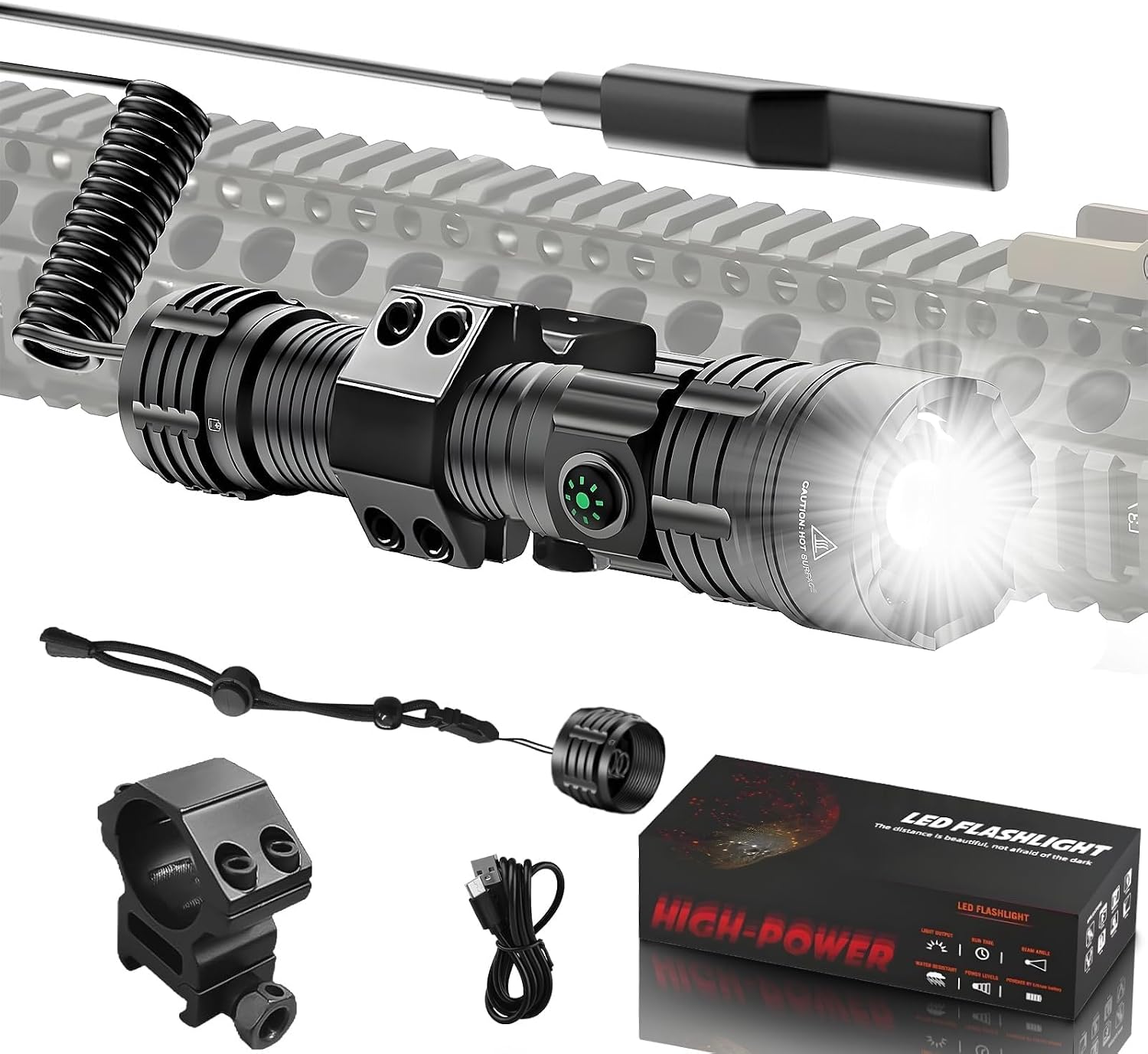 Tactical Flashlight Rechargeable with Picatinny Mount and Pressure Switch