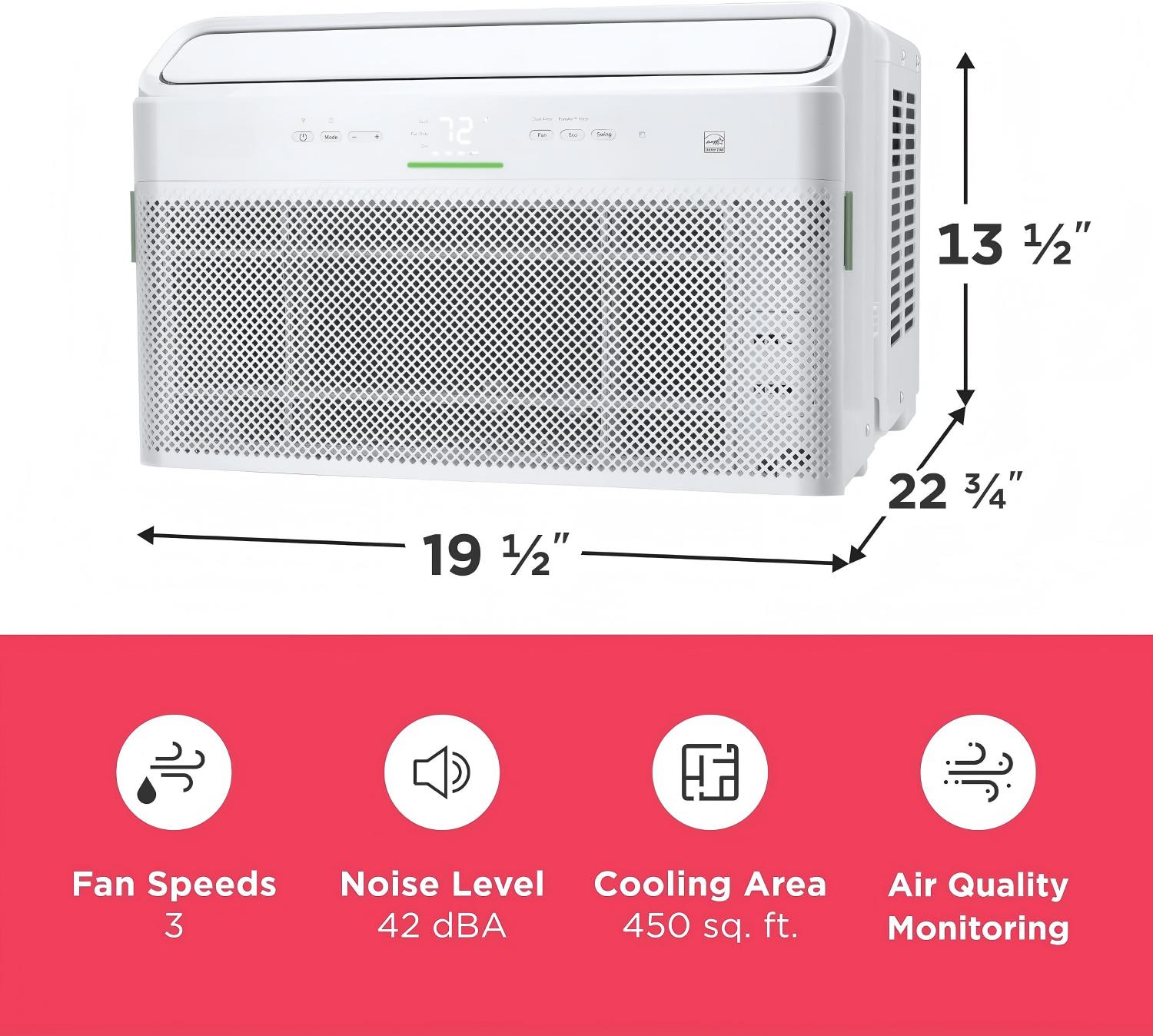 10,000 BTU Smart Inverter Window Air Conditioner with Wi-Fi, Energy Star Most Efficient Certification & Indoor Air Quality Monitoring, Cools Up to 450 Sq. Ft., Ultra Quiet, White 