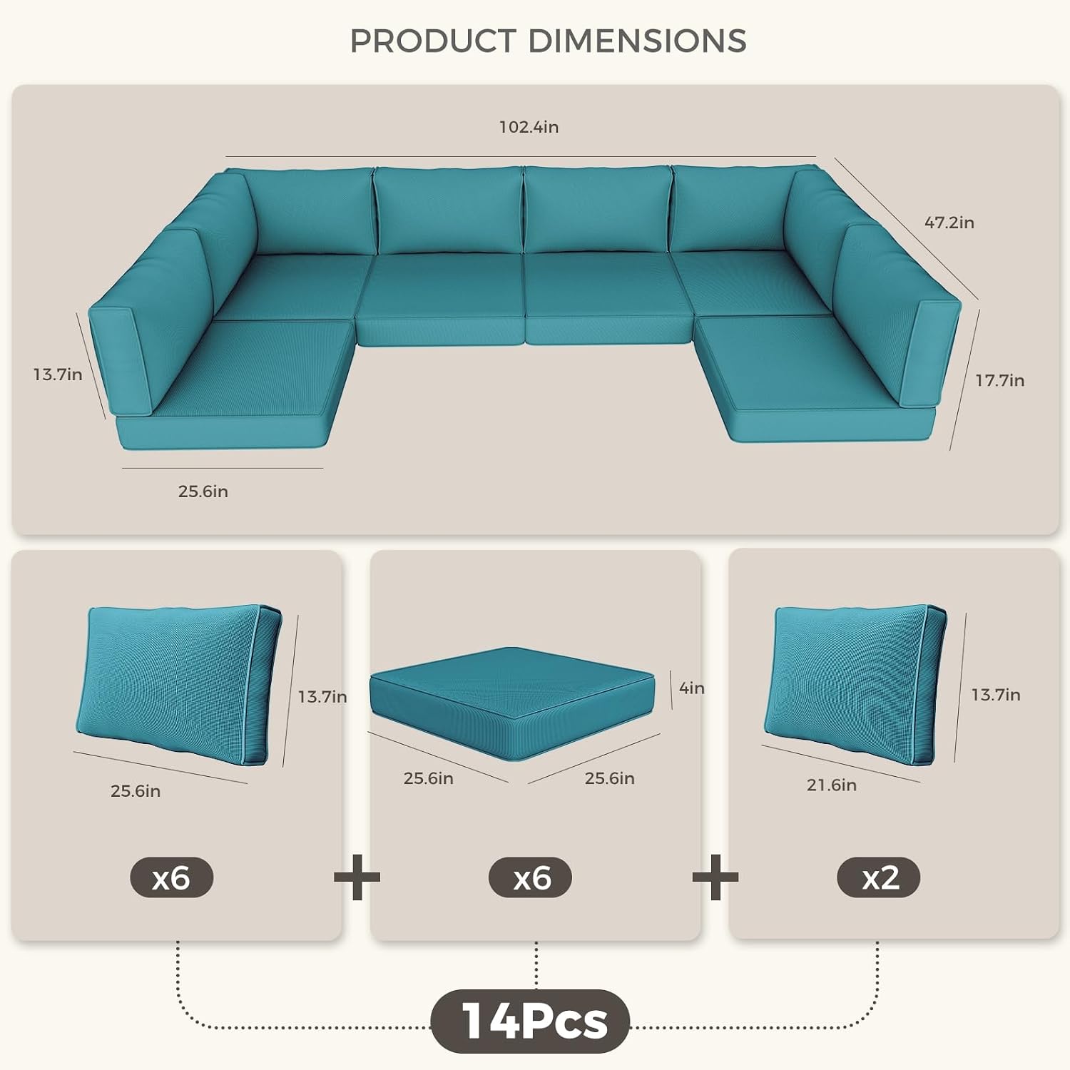 Outdoor Replacement Cushions, Waterproof Outdoor Seat Cushions for Patio Furniture, 14-Piece Couch Cushions Patio Sofa Cushions for Patio 6 Seat Sectional Cushion (Lake Blue)