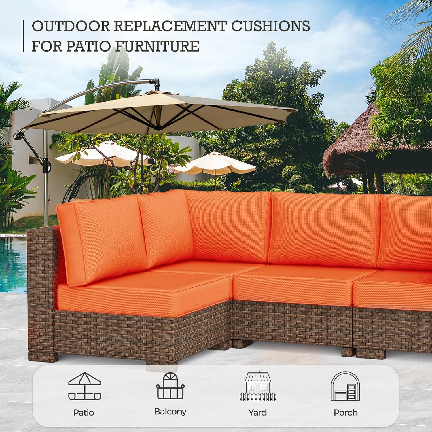 Outdoor Replacement Cushions 14-Piece Waterproof - Patio Furniture Couch Cushions for 6-Seat Sectional Sofa, Outdoor Seat Cushions for Deck, Garden, Backyard (Orange)