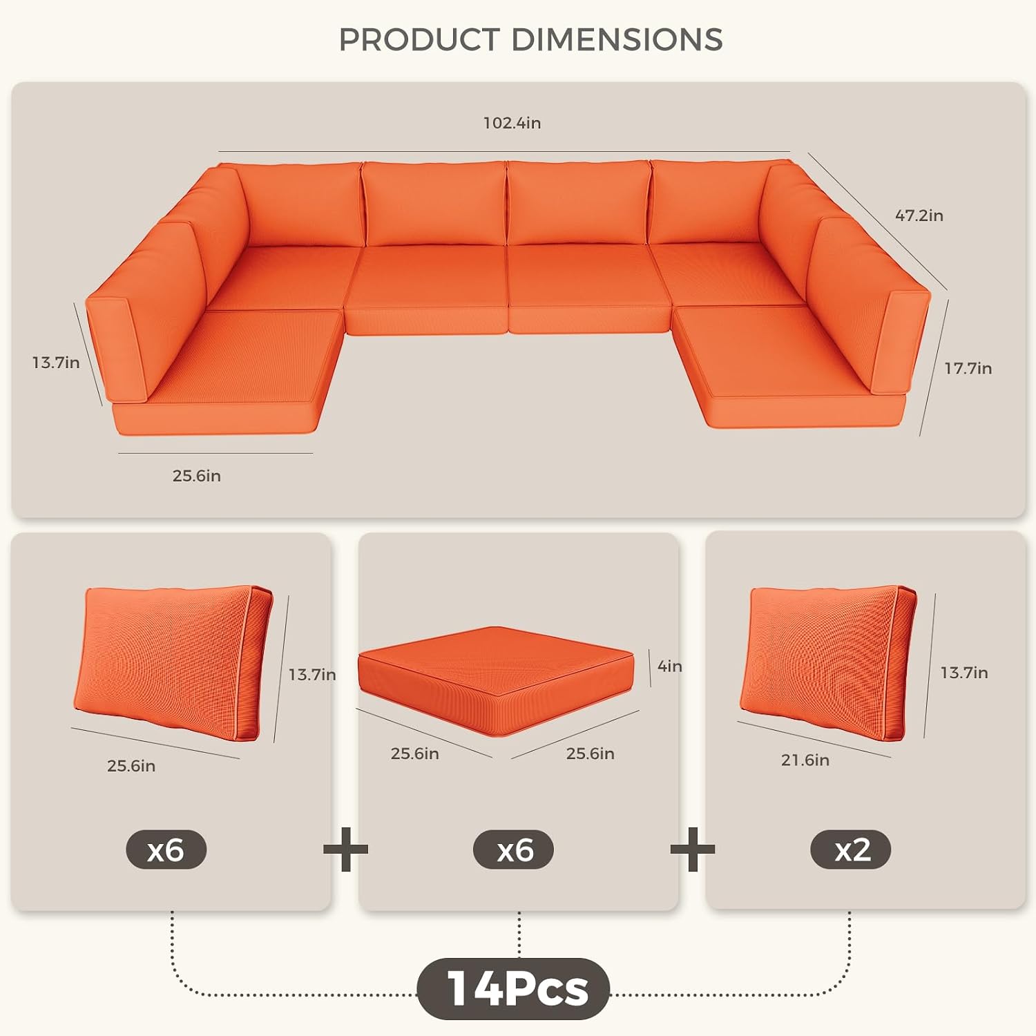 Outdoor Replacement Cushions 14-Piece Waterproof - Patio Furniture Couch Cushions for 6-Seat Sectional Sofa, Outdoor Seat Cushions for Deck, Garden, Backyard (Orange)