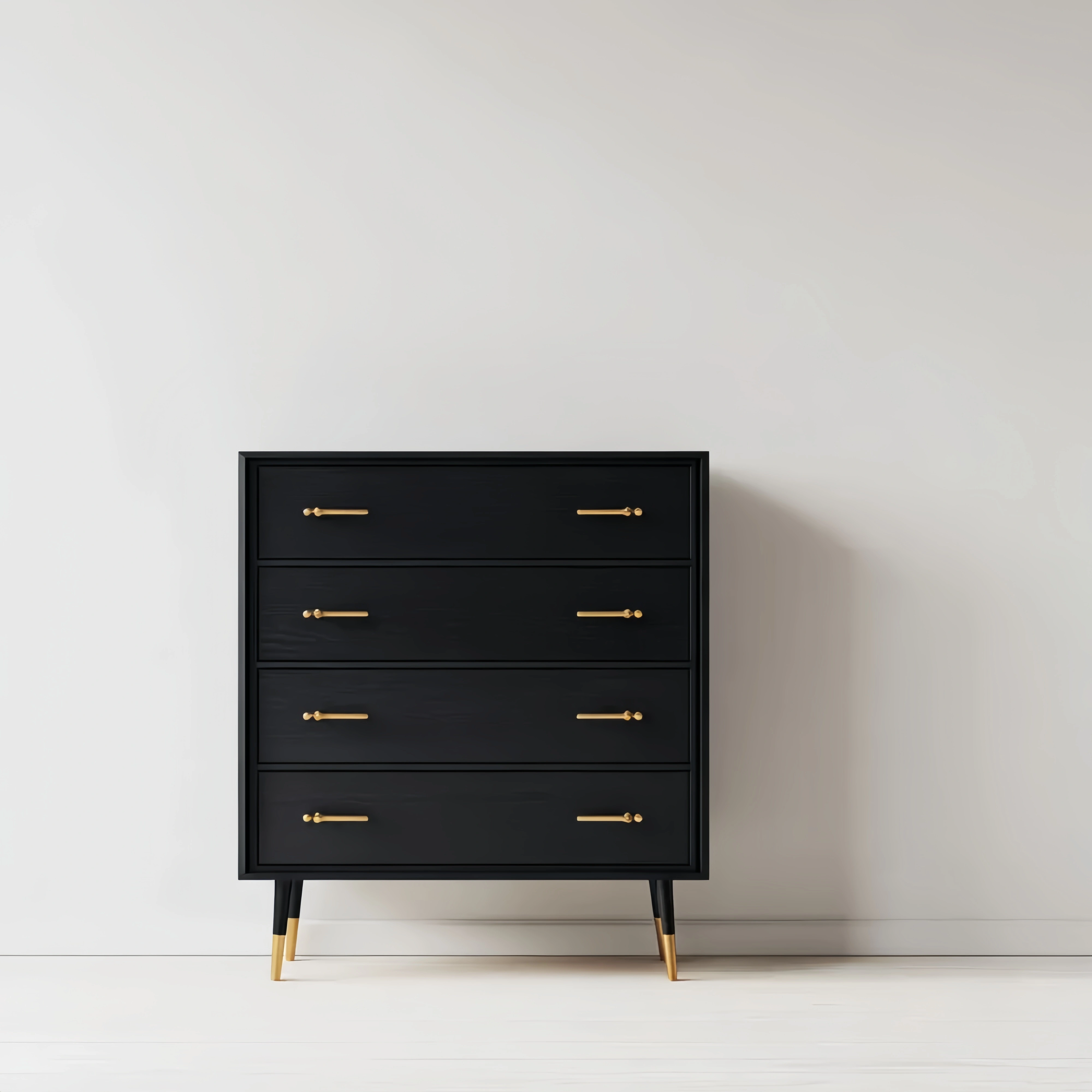 Schwarze Holzkommode mit 4 Schubladen und Goldakzenten