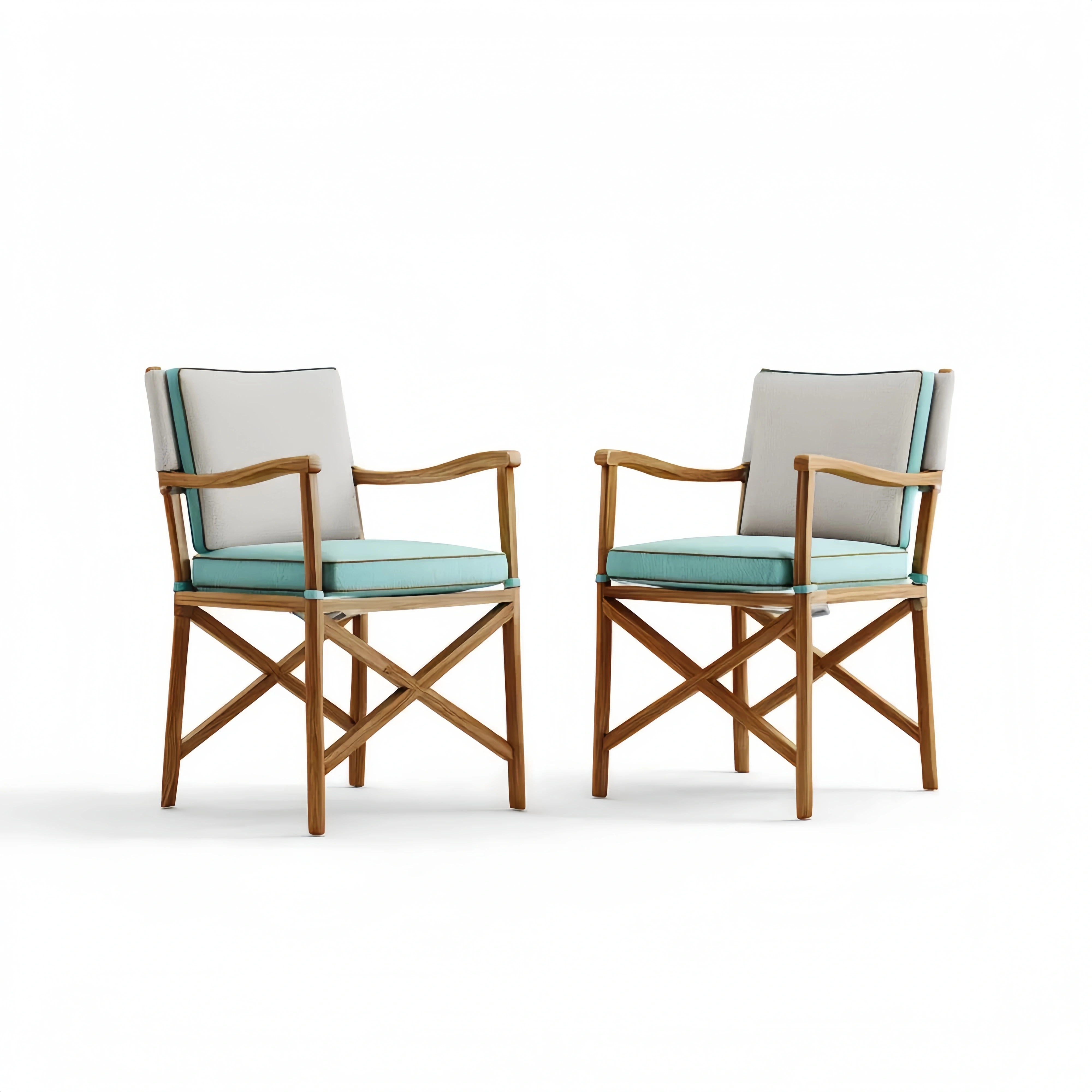 2er Set Gartenstühle Teakholz Stoffbezug Türkis/Grau