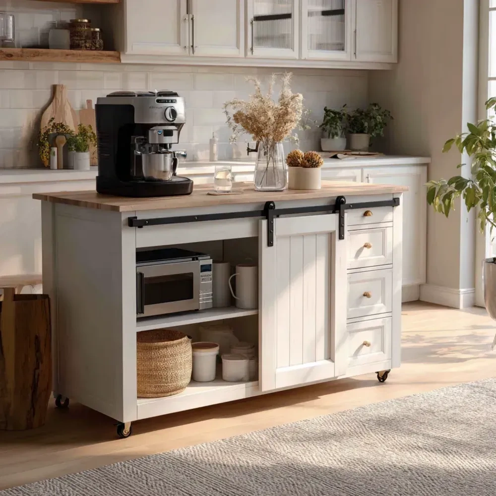Holz Küchenwagen mit Buchen Arbeitsplatte - Weiß