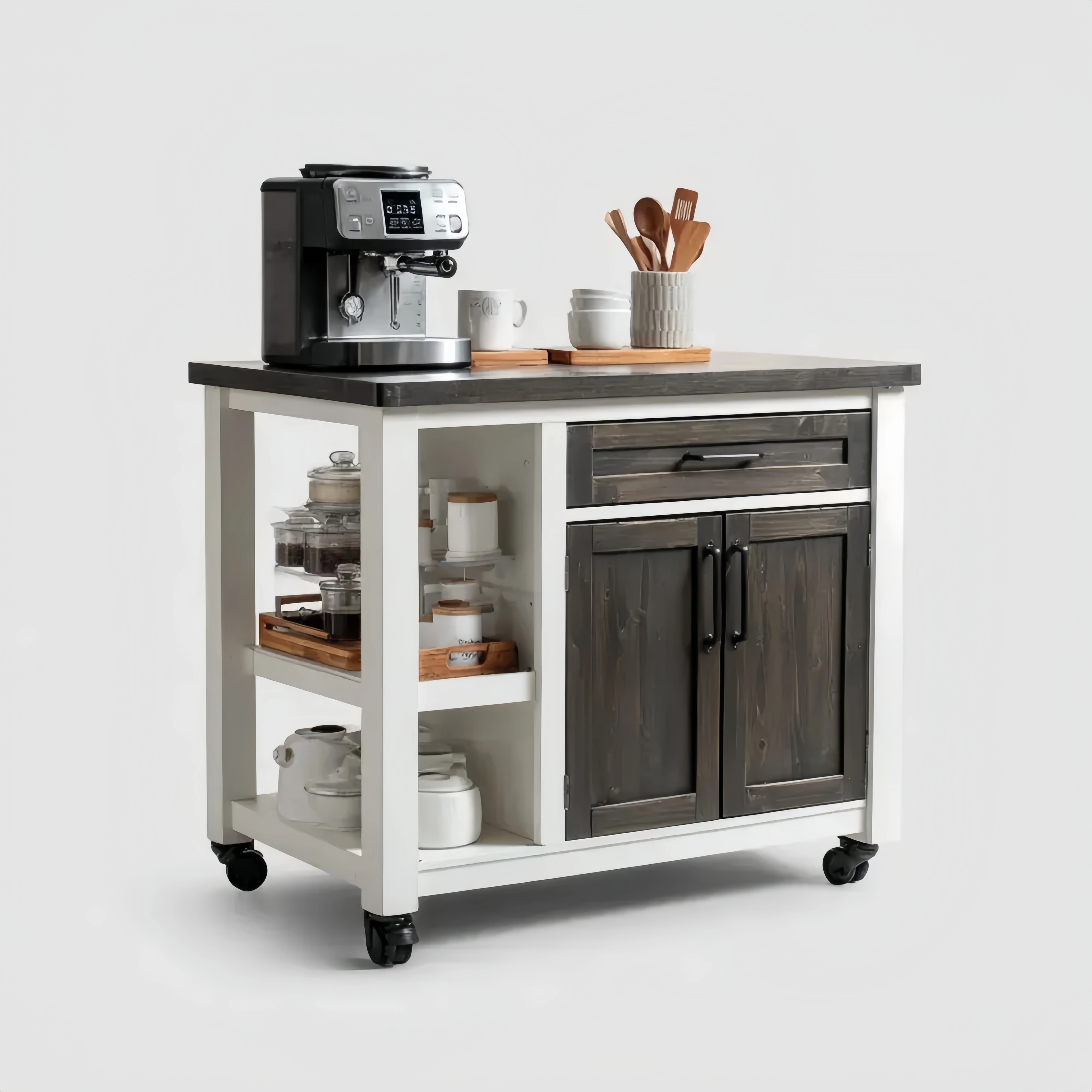 Küchenwagen aus Holz – 120x60x90 cm – Weiß/Schwarz – Indoor