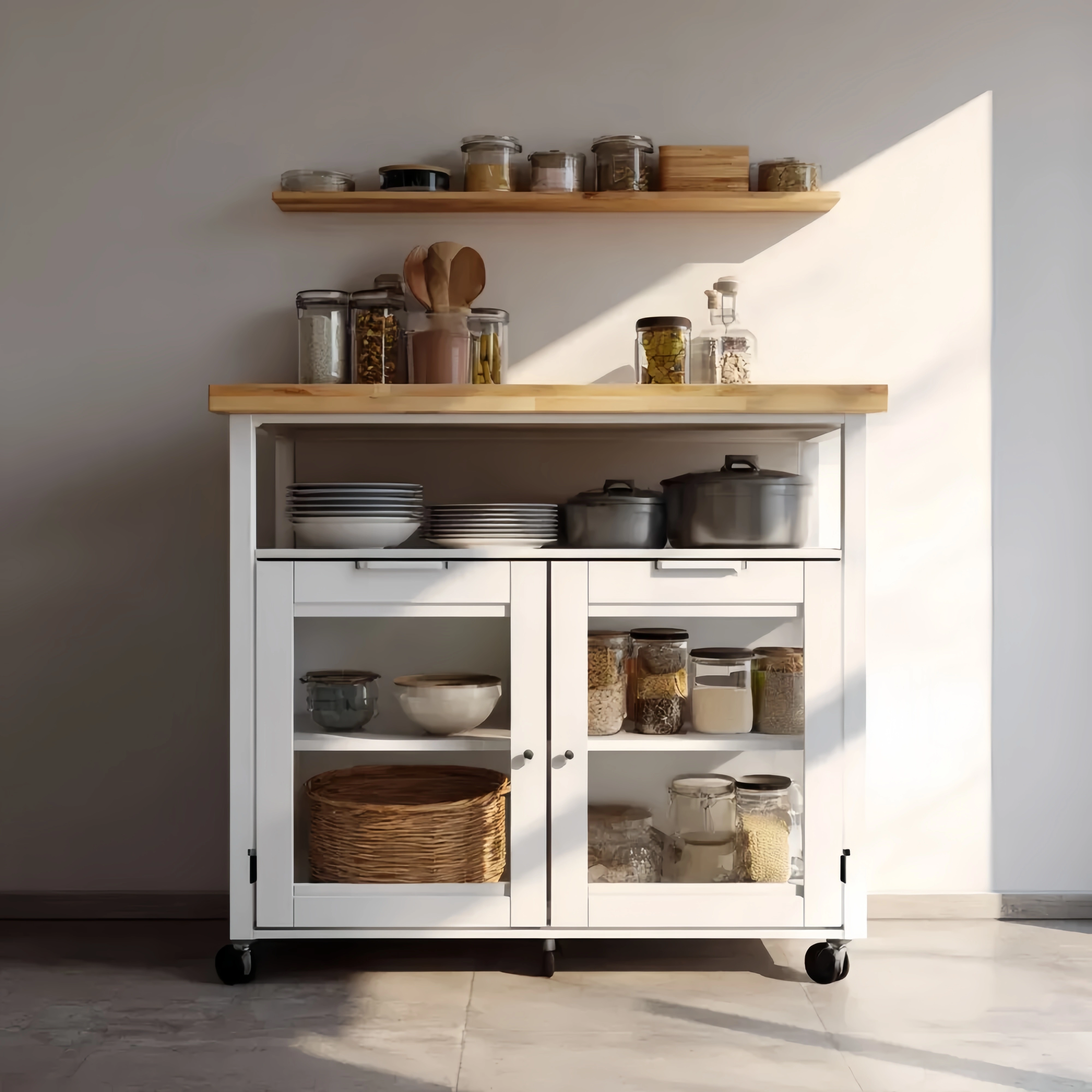 Küchenwagen Weiß mit Kiefernholzplatte und Glasfront