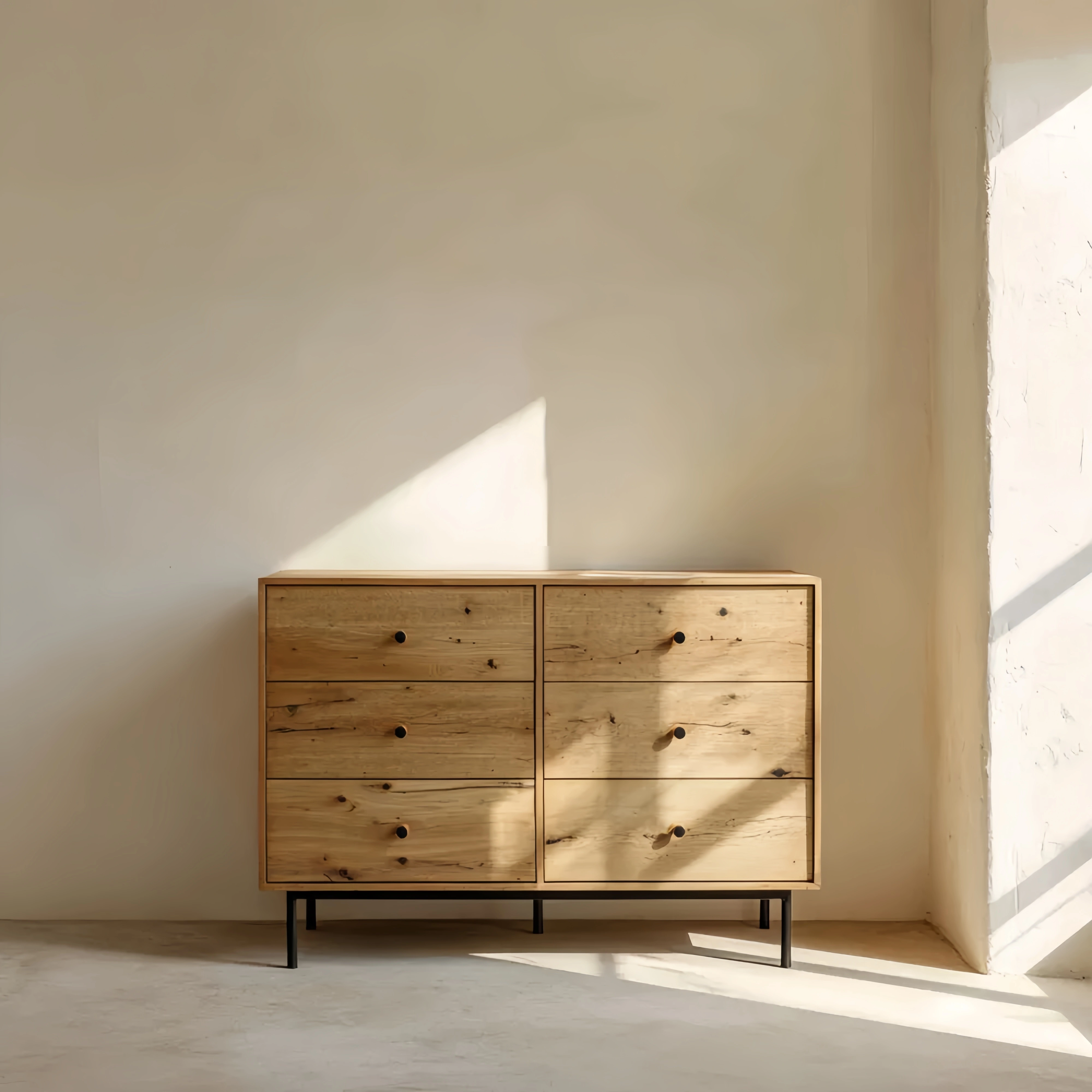Kommode aus Eichenholz mit Metallbeinen, 6 Schubladen