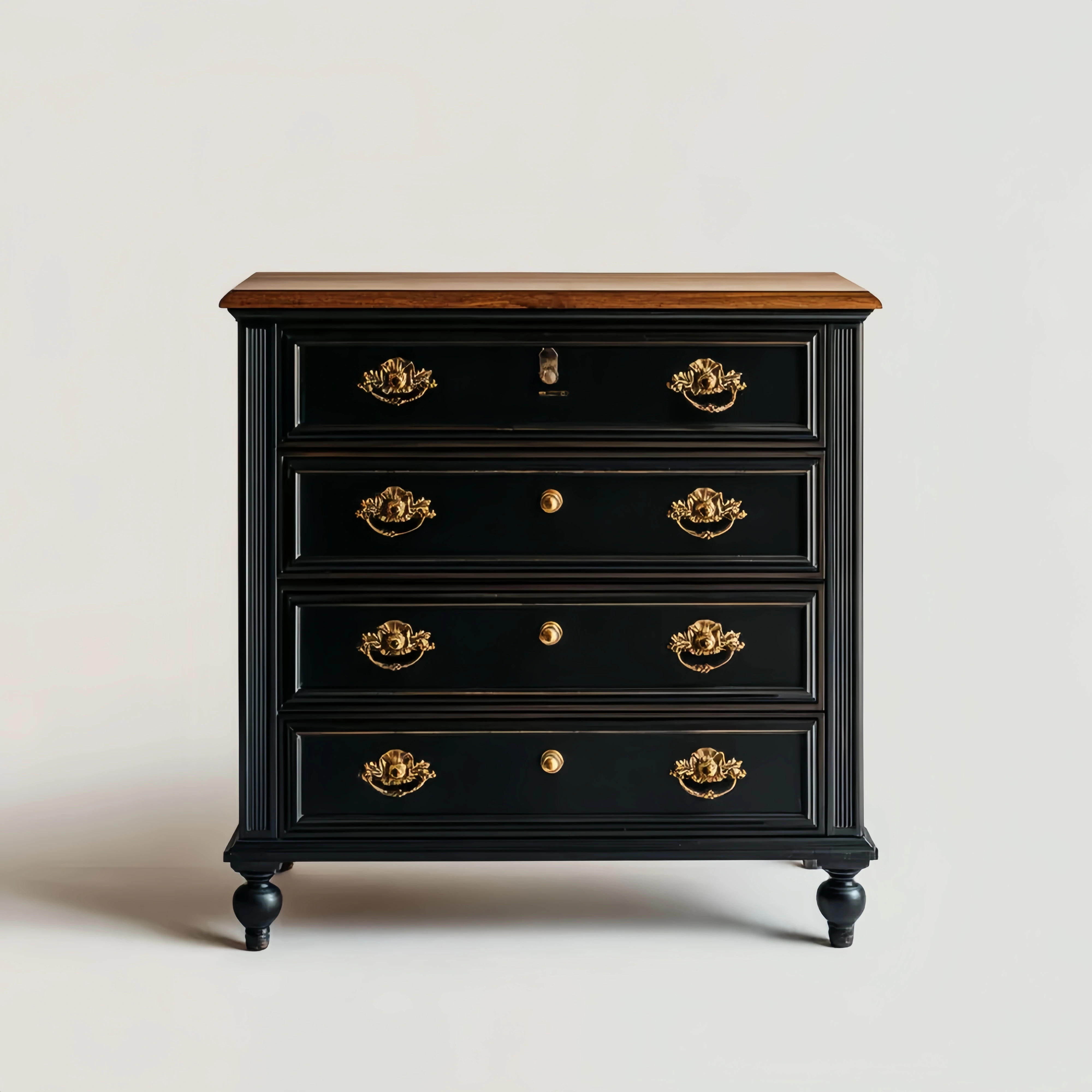 Massivholzkommode 80x45x100 cm - Schwarz mit Goldakzenten