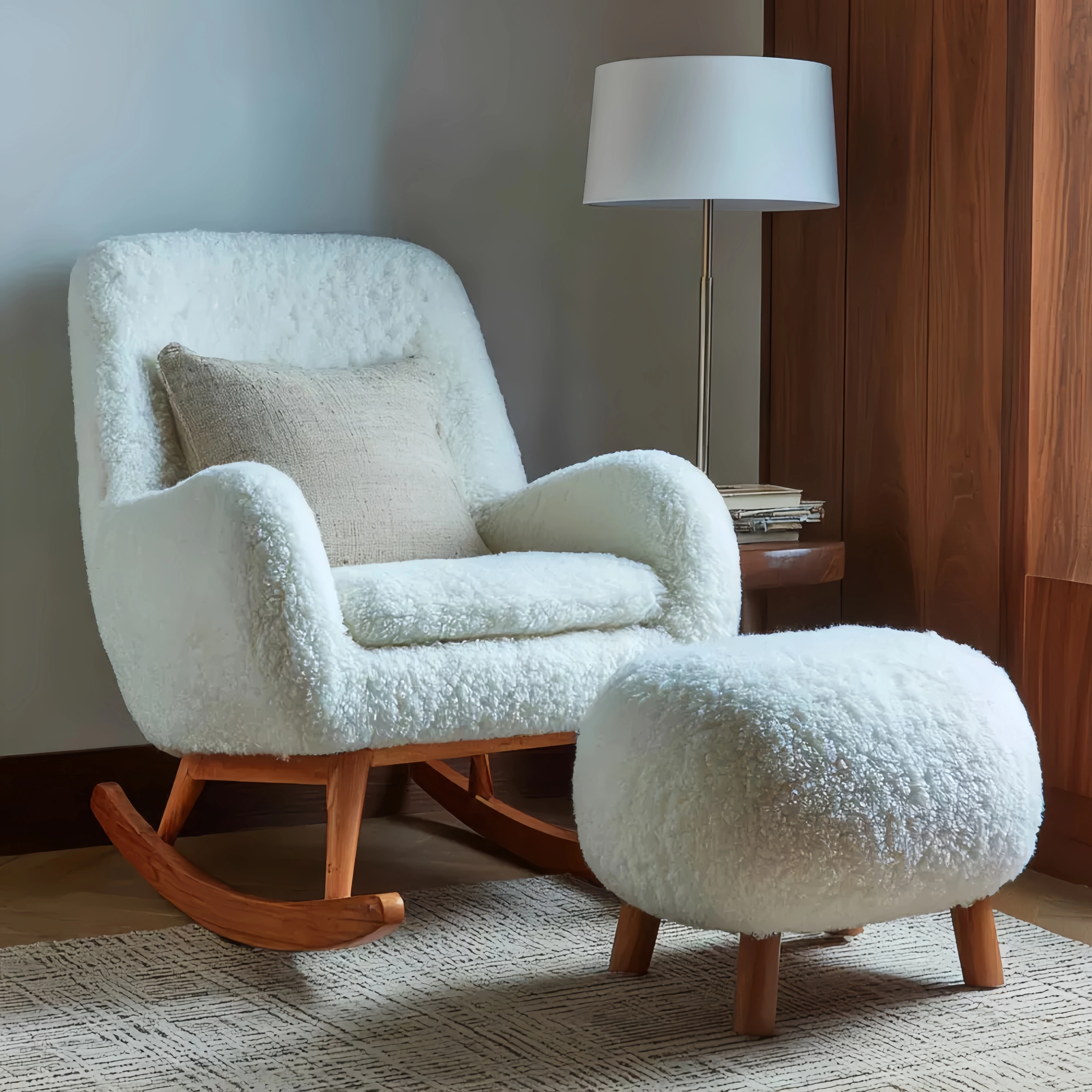 Schaukelsessel und Hocker-Set Holzrahmen und Kunstfell Weiß