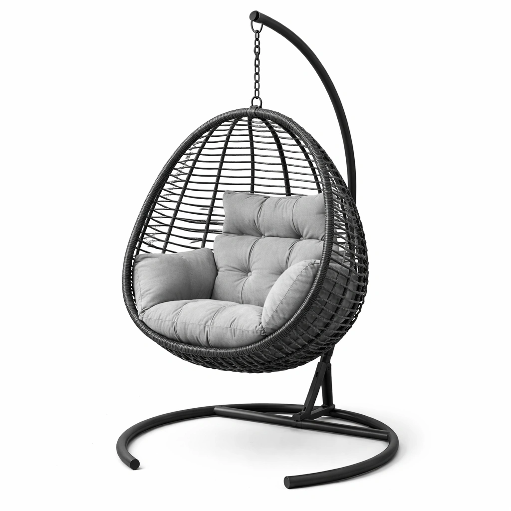 Hängesessel Polyrattan mit Stahlrahmen und Polyesterkissen Schwarz Grau-HOMEAURELIA