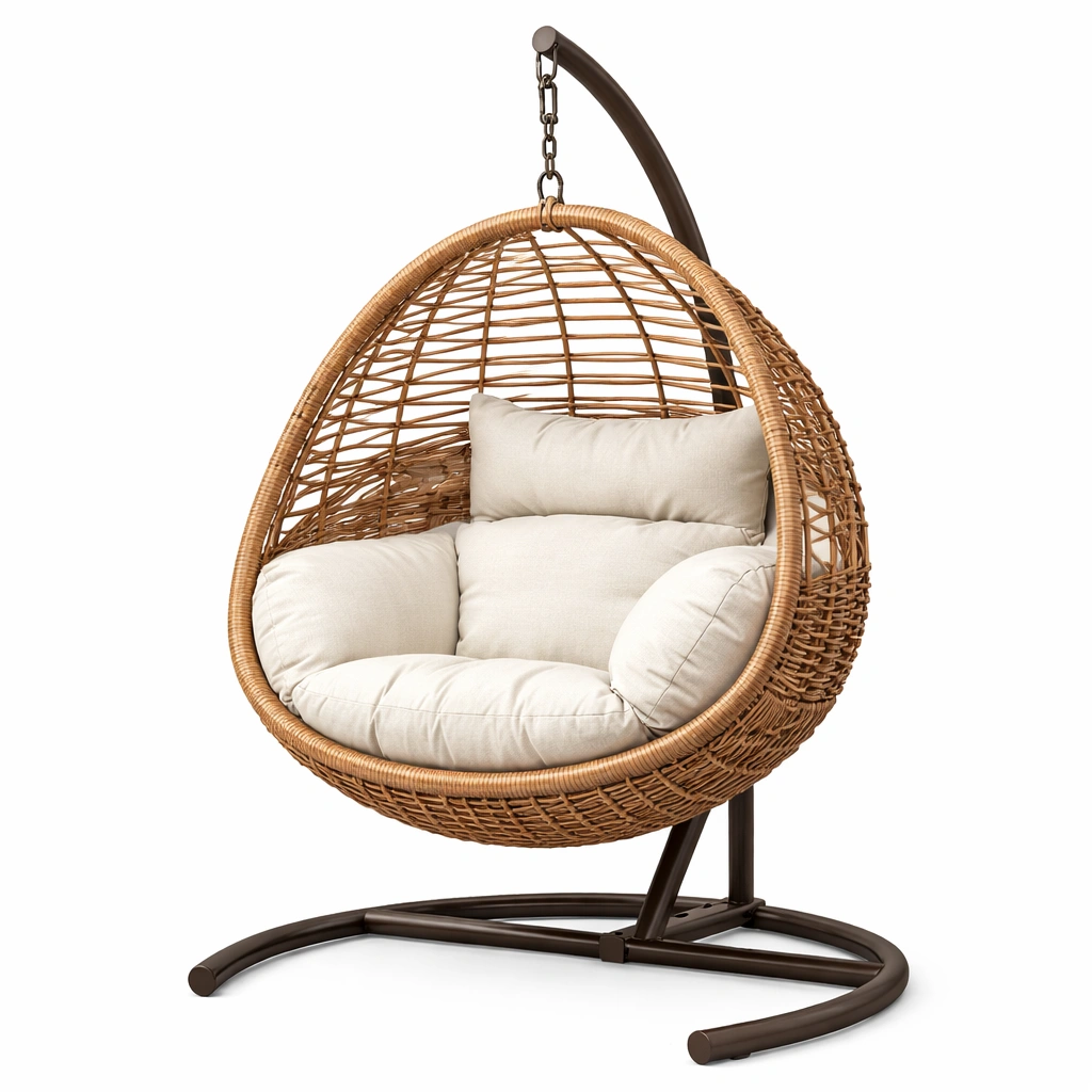 Hängesessel Rattan Braun mit Polyesterpolster Beige-HOMEAURELIA