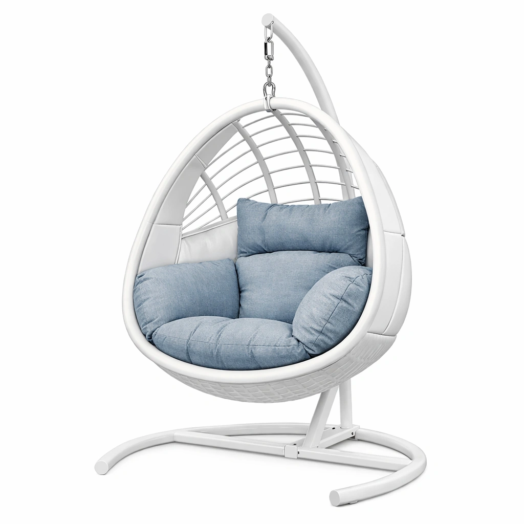 Hängesessel Metall Weiß mit Kissen Blau-HOMEAURELIA