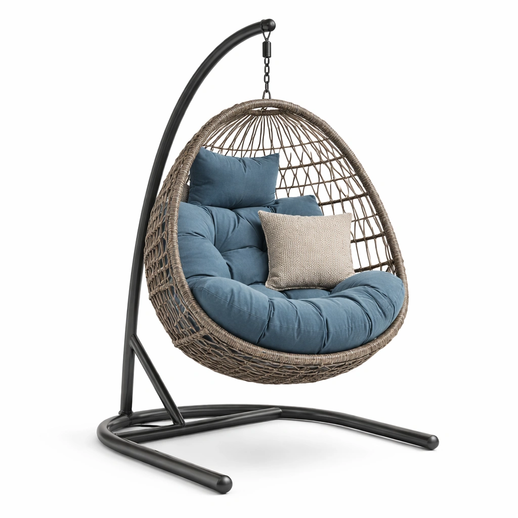 Hängesessel Rattan Stahl Blau mit Kissen Ei Form-HOMEAURELIA