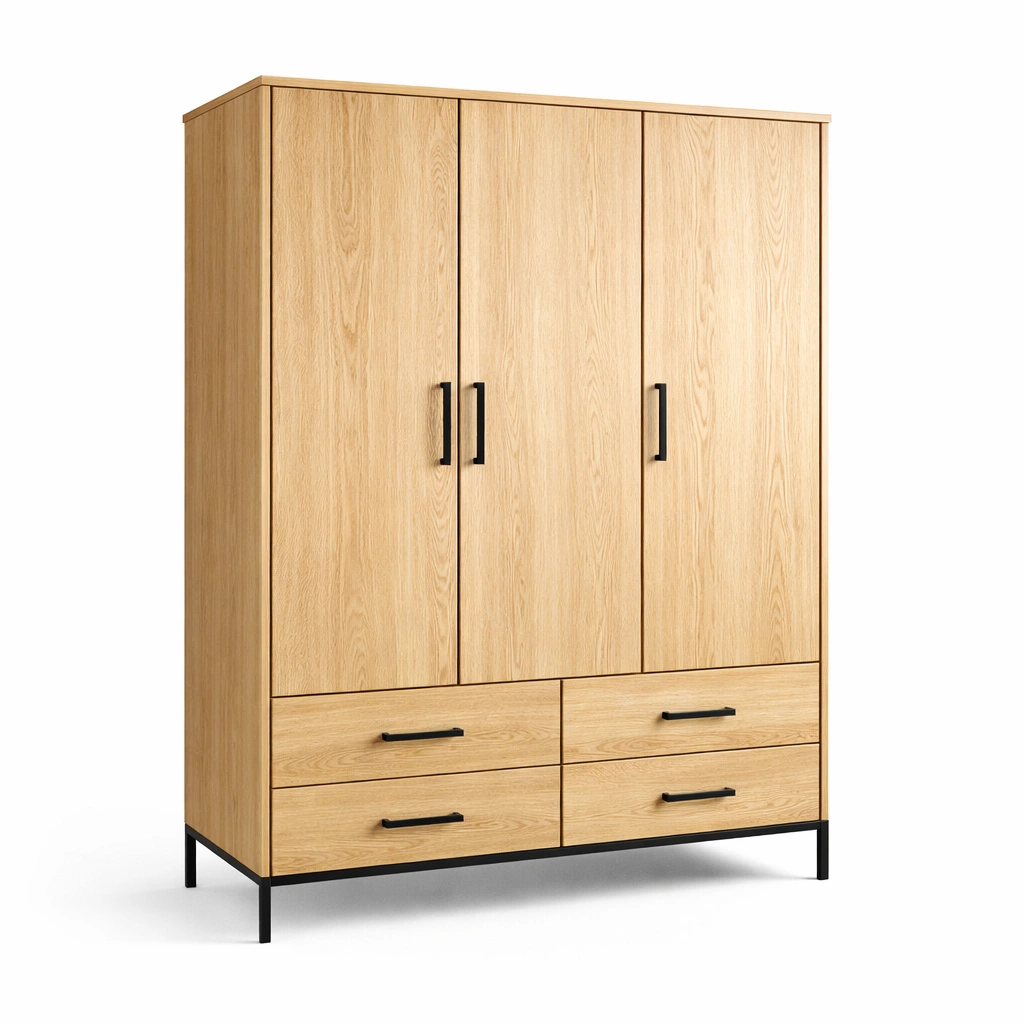 Kleiderschrank Eichenfurnier Metallrahmen mit 3 Türen und 4 Schubladen-HOMEAURELIA