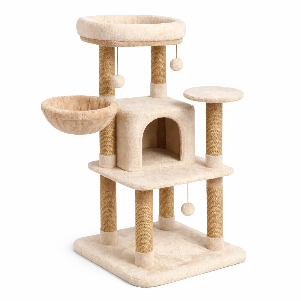 Kratzbaum Sisal Beige mit Hängematte und Haus-HOMEAURELIA