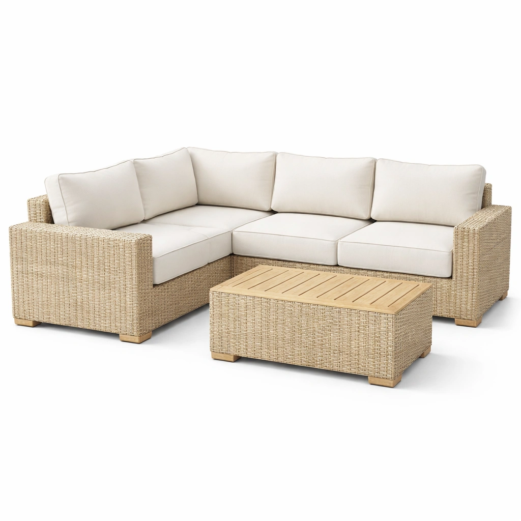 Loungeset Rattan Ecksofa mit Tisch Creme-HOMEAURELIA