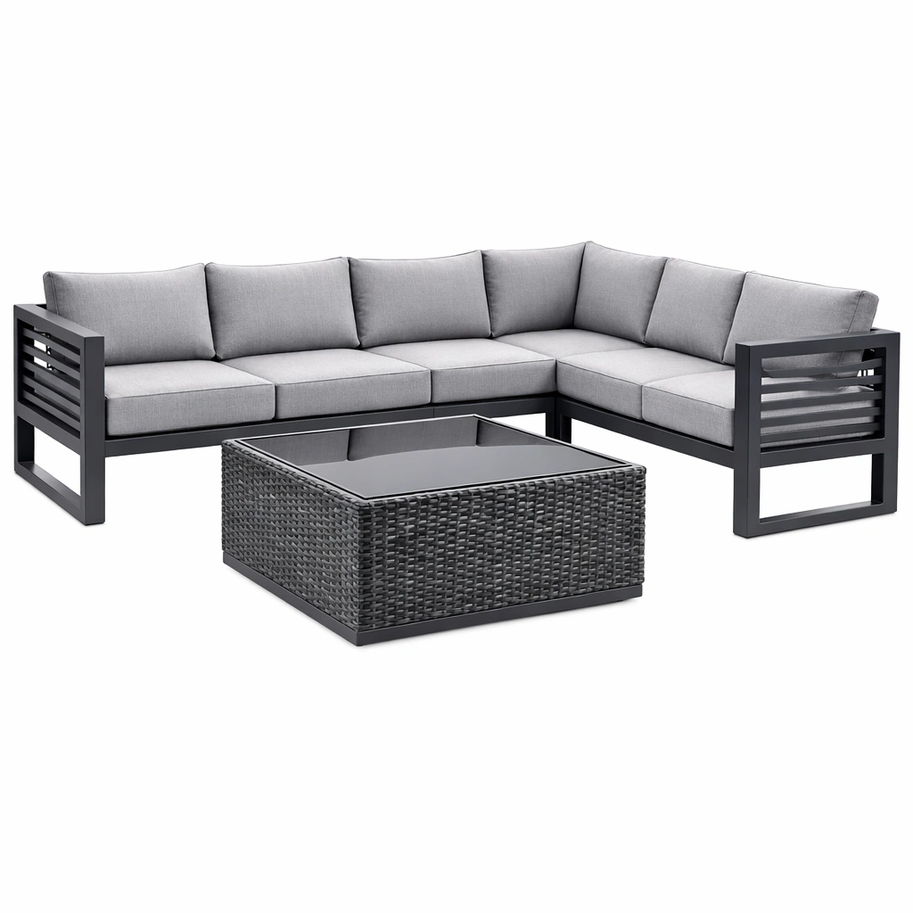 Loungeset Aluminium Ecksofa mit Rattan Tisch Grau-HOMEAURELIA