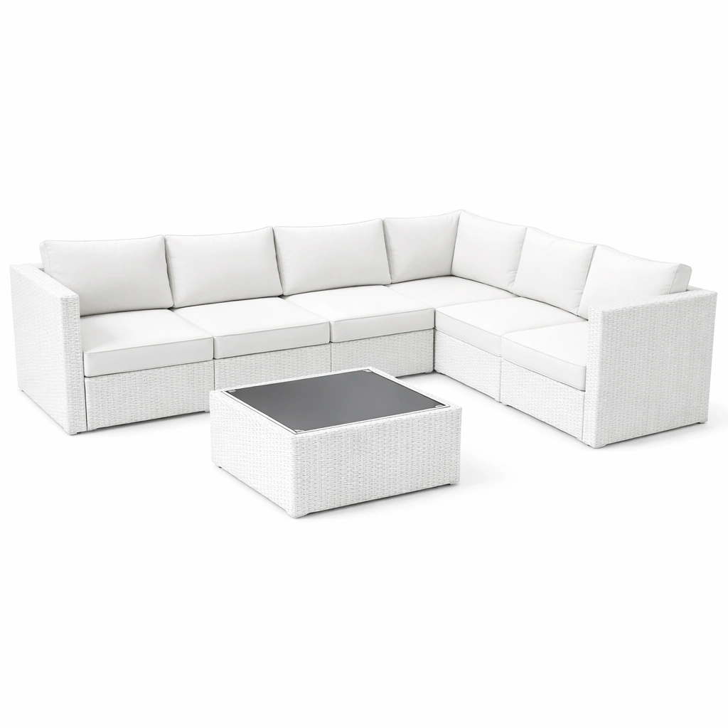 Loungeset Polyethylen Ecksofa Weiß mit Glastisch-HOMEAURELIA