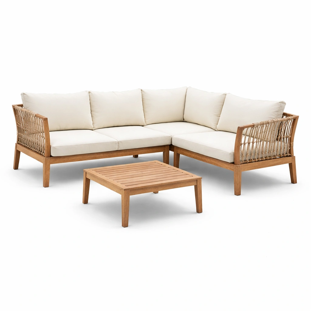 Loungeset Akazienholz und Polyester Cremeweiß mit Couchtisch-HOMEAURELIA