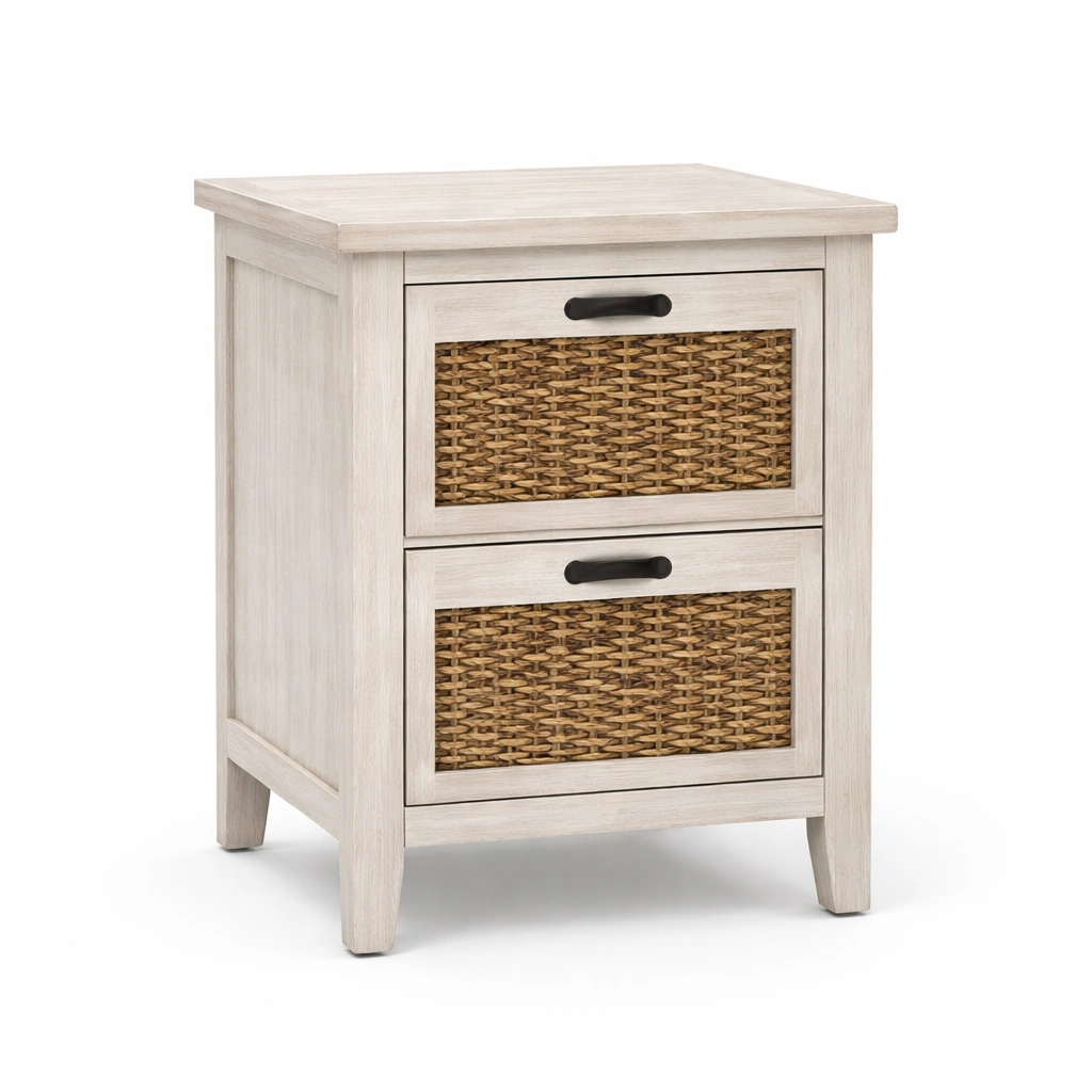 Nachttisch Holz mit Weidenkörben Weiß-HOMEAURELIA