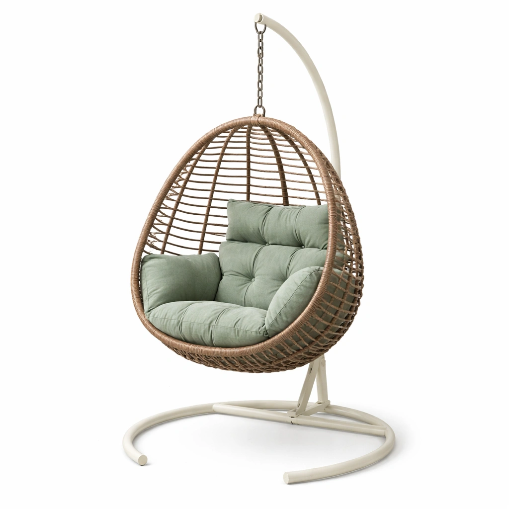 Hängesessel Rattan Grün mit Kissen und Stahlrahmen-DECORAMBIENCE